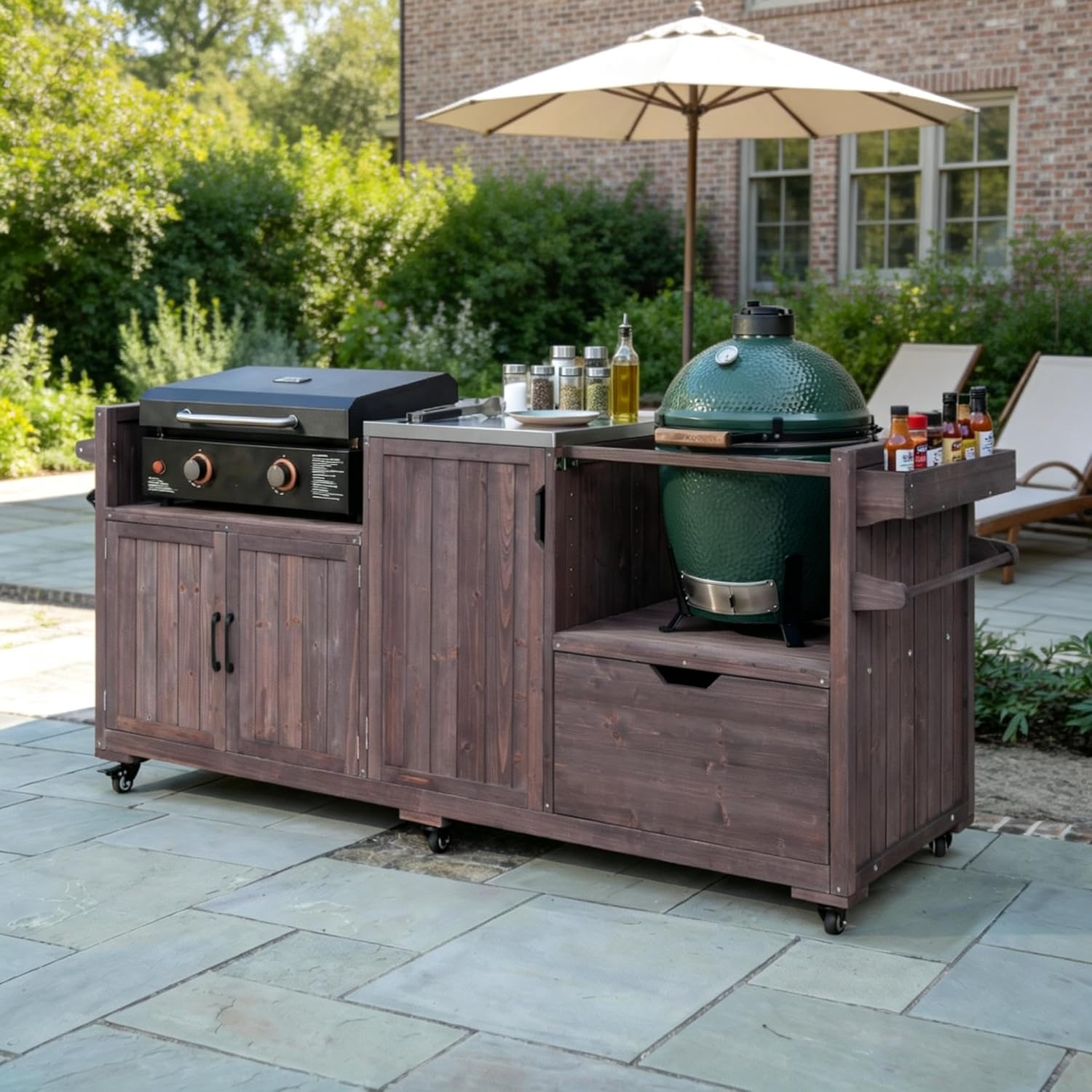 Outdoor Grill Table with Stainless Steel Top, Solid Wood Outdoor Kitchen Island with Drawer for Big Green Egg, Rolling Kitchen Cart for Blackstone Griddle (Dark Brown)