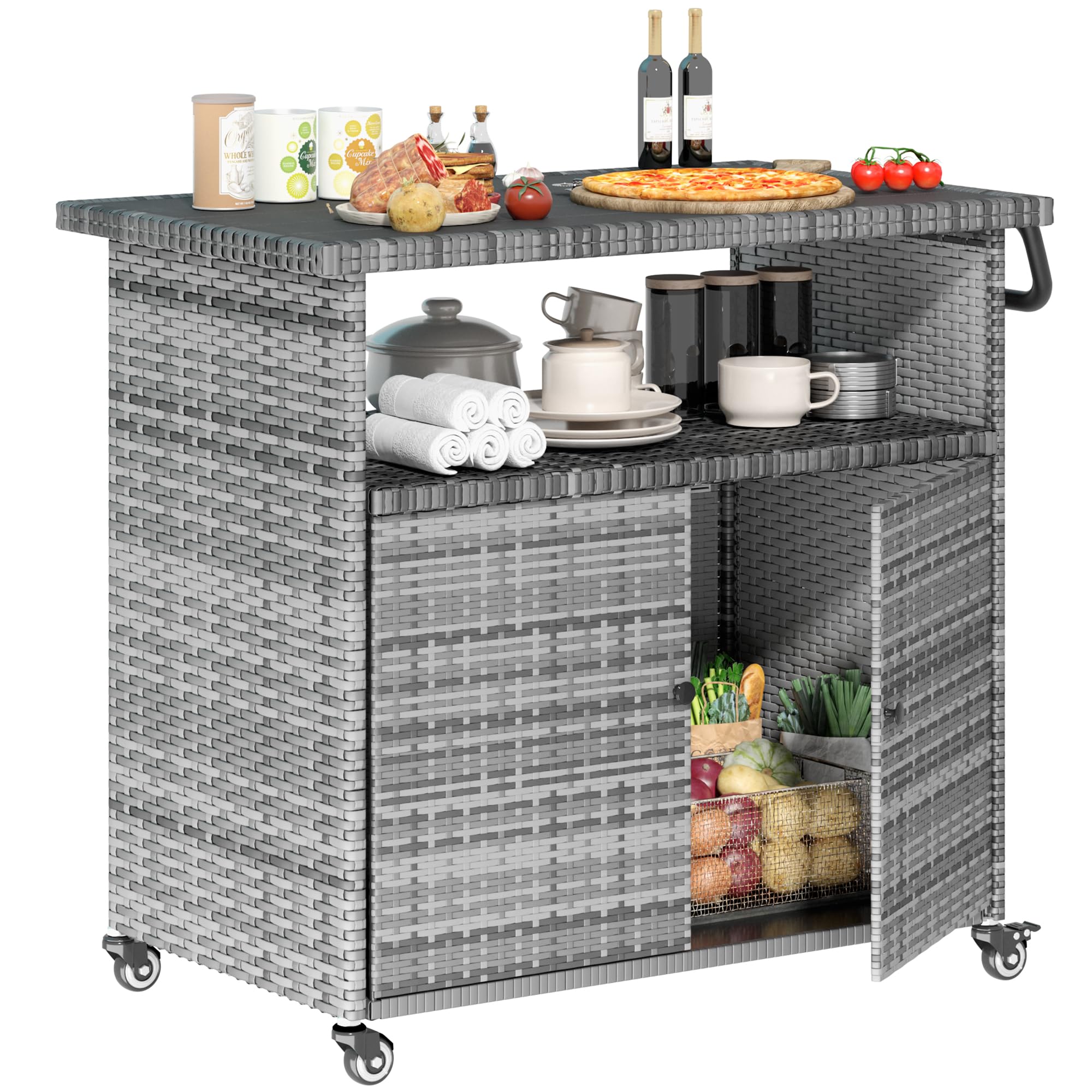 U-MAX Outdoor Grill Table with Storage Kitchen Island Prep Table with Wheels, Storage Cabinets Outdoor, BBQ Serving, Cart Cooking Grilling Station for Patio, Outside, Backyard, Bar