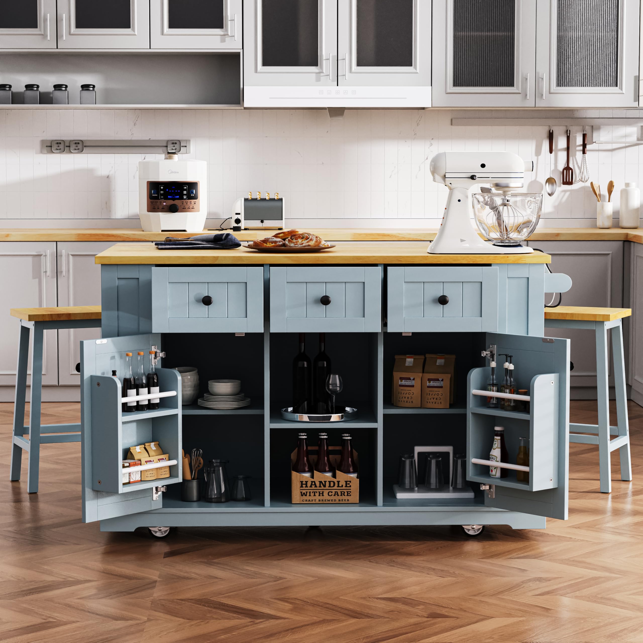 Farmhouse Outdoor Kitchen Island, Rolling Bar Cart & Storage Cabinet with Stainless Steel Top, Spice Rack, Towel Rack for Kitchen & Barbecue, Solid Wood Outdoor Grill Table (Natural)