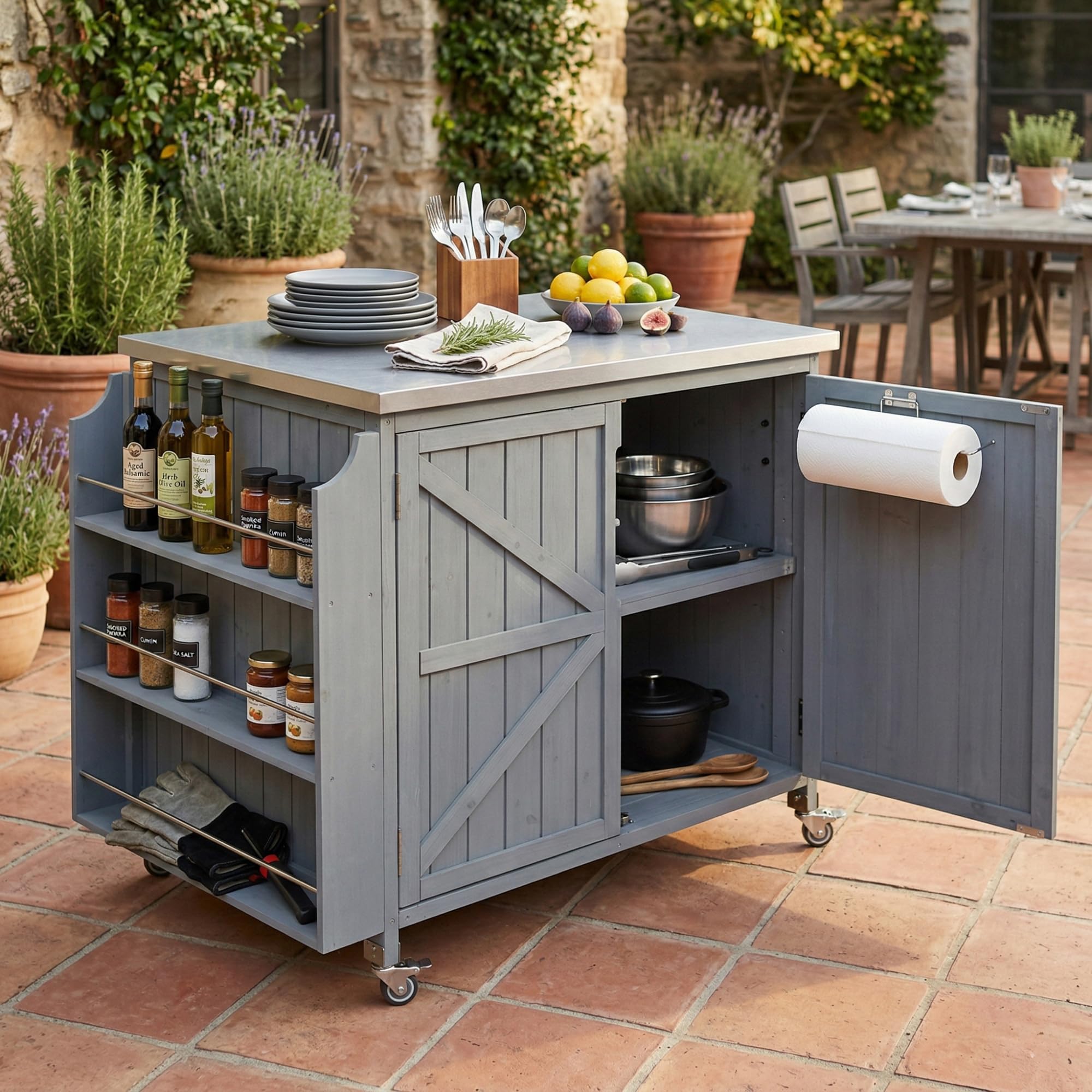 Outdoor Grill Table with Stainless Steel Top, Solid Wood Outdoor Kitchen Island with Drawer for Big Green Egg, Rolling Kitchen Cart for Blackstone Griddle (Dark Brown)