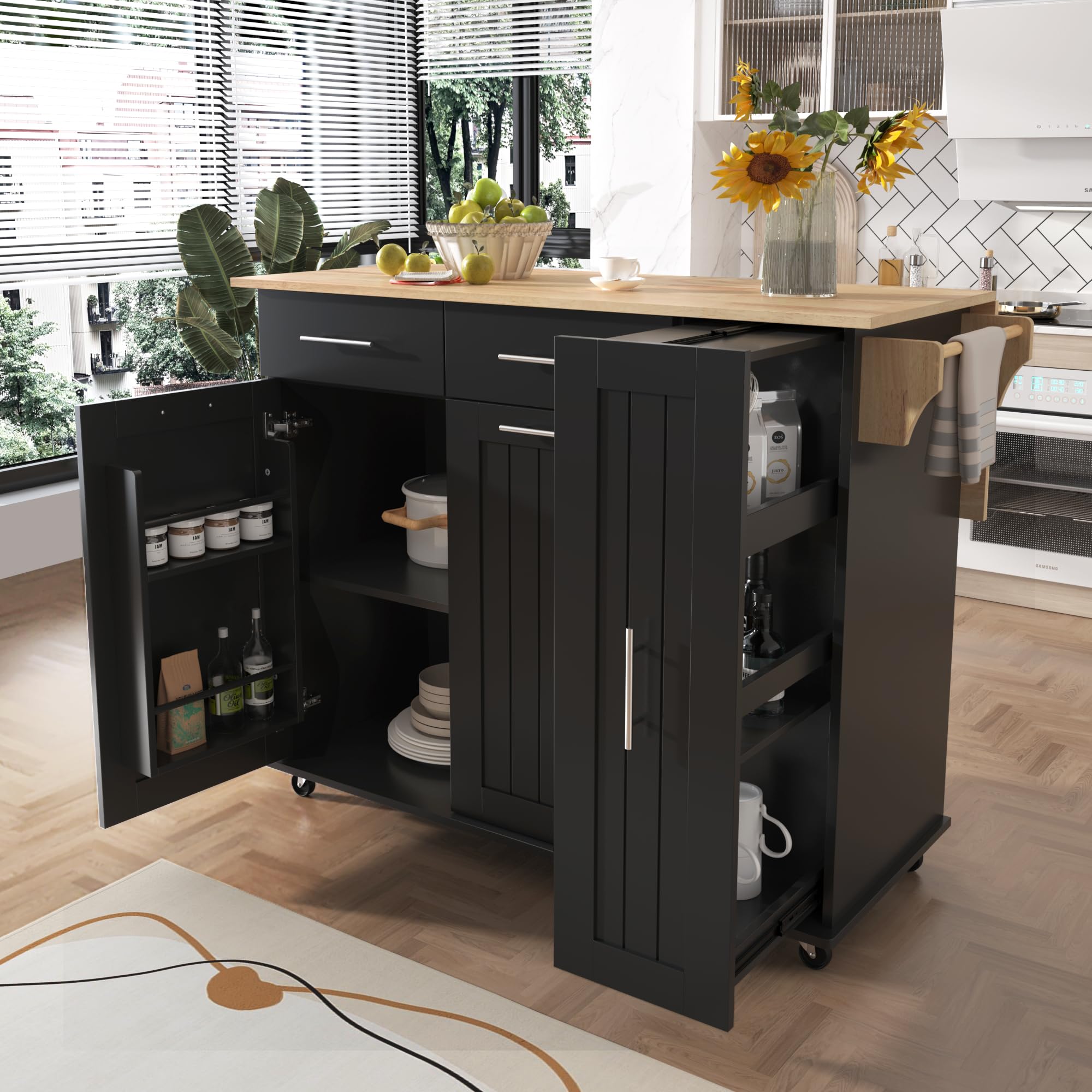 Farmhouse Outdoor Kitchen Island, Rolling Bar Cart & Storage Cabinet with Stainless Steel Top, Spice Rack, Towel Rack for Kitchen & Barbecue, Solid Wood Outdoor Grill Table (Natural)