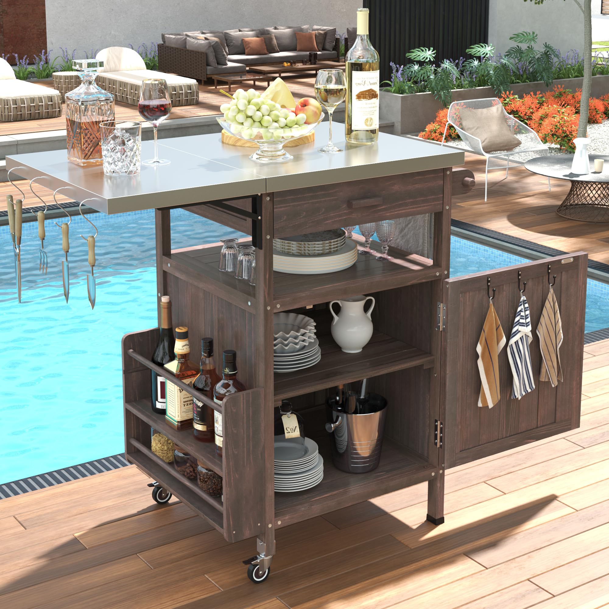 Linique Outdoor Kitchen Island, Rolling Bar Cart with Storage Cabinet, Farmhouse Solid Wood Outdoor Grill Table with Stainless Steel Top, Spice Rack, Towel Rack for Yard, Patio, Natural