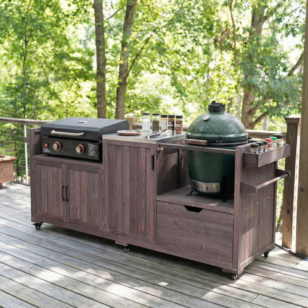 Outdoor Grill Table with Stainless Steel Top, Solid Wood Outdoor Kitchen Island with Drawer for Big Green Egg, Rolling Kitchen Cart for Blackstone Griddle (Dark Brown)