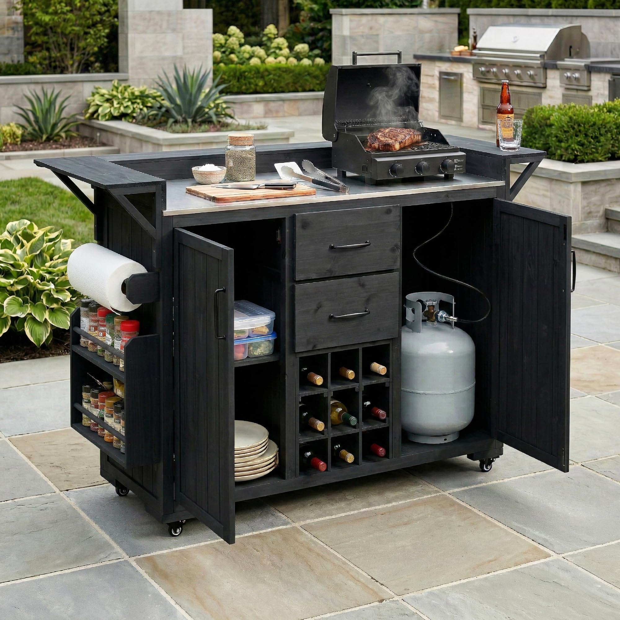 Outdoor Grill Table with Stainless Steel Top, Solid Wood Outdoor Kitchen Island with Drawer for Big Green Egg, Rolling Kitchen Cart for Blackstone Griddle (Dark Brown)