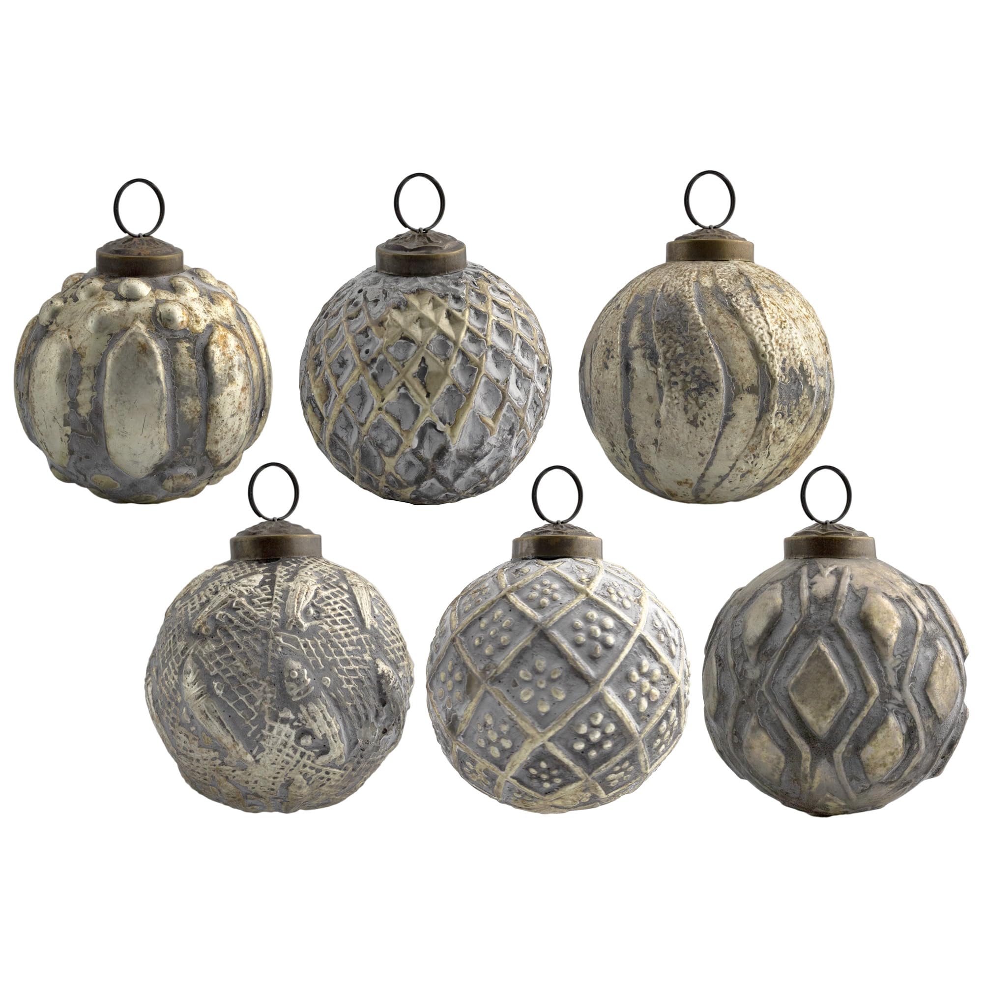 AuldHome Design Farmhouse Ball Ornaments (Set of 6, Antique Gold); Distressed Metal Glass Ball Vintage Style Christmas Decorations
