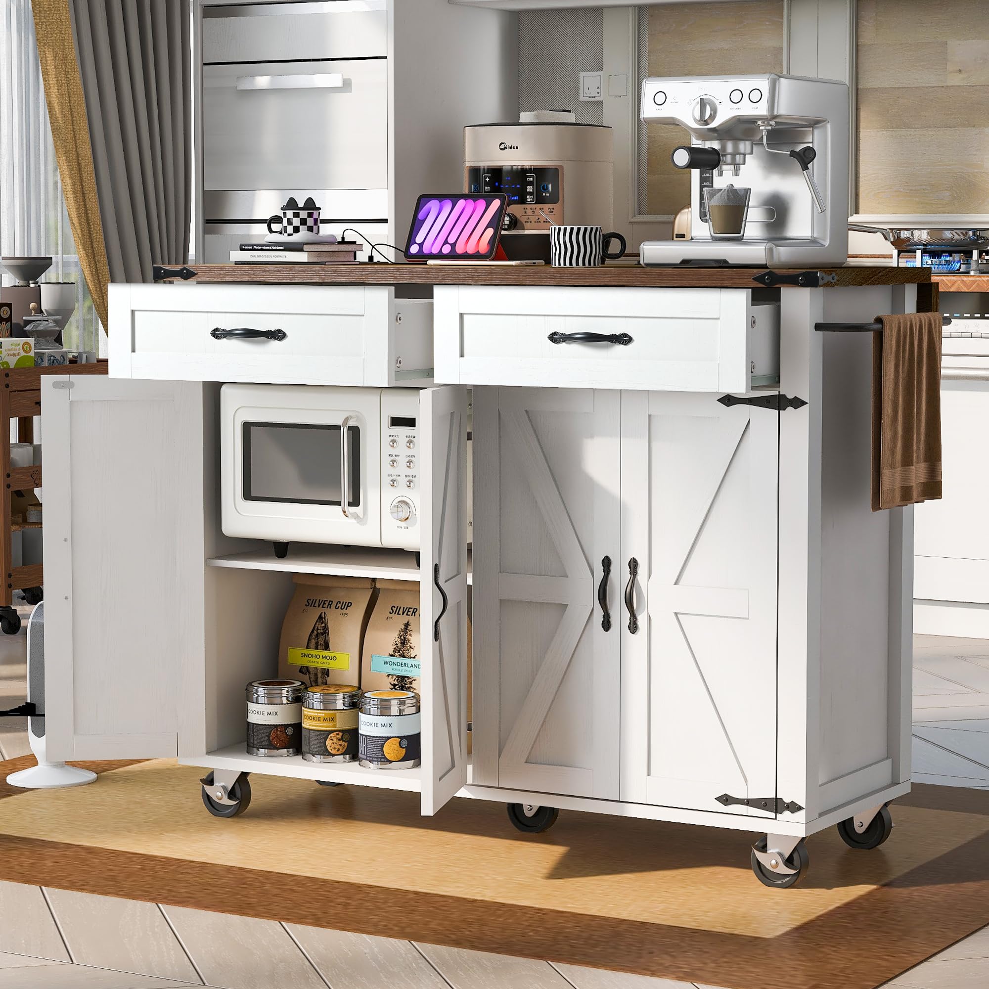 50.25" Kitchen Island Rolling Bar Cart & Storage Cabinet, Farmhouse Solid Wood Outdoor Grill Table with Stainless Steel Top and Spice, Towel Rack for BBQ,Natural