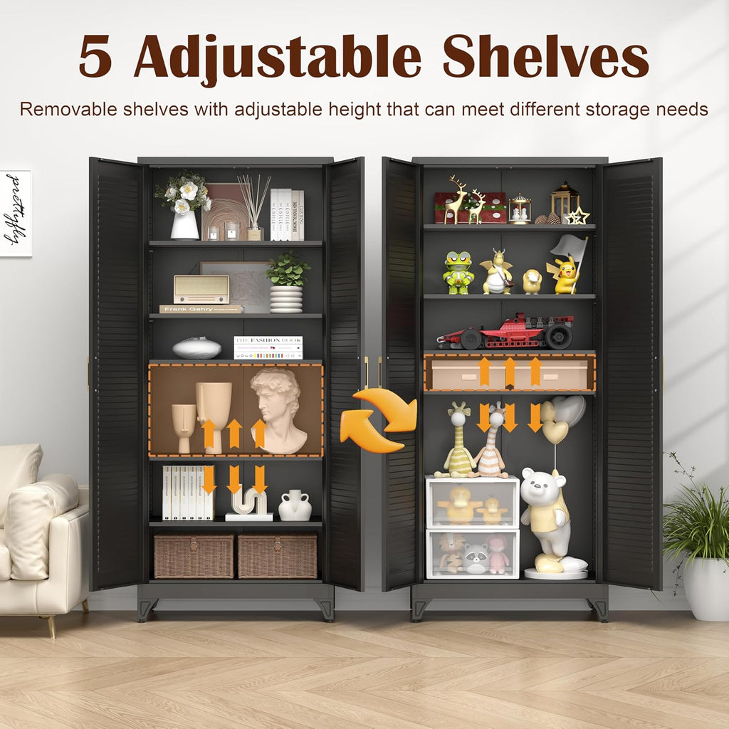 SteeLoong Kitchen Pantry Cabinet,75" Metal Storage Cabinet with Doors and 5 Adjustable Shelves,Black Tall Locker Organizer Steel Garage Cabinets for Tool,File Cabinet for Office,Kitchen,Garage,School