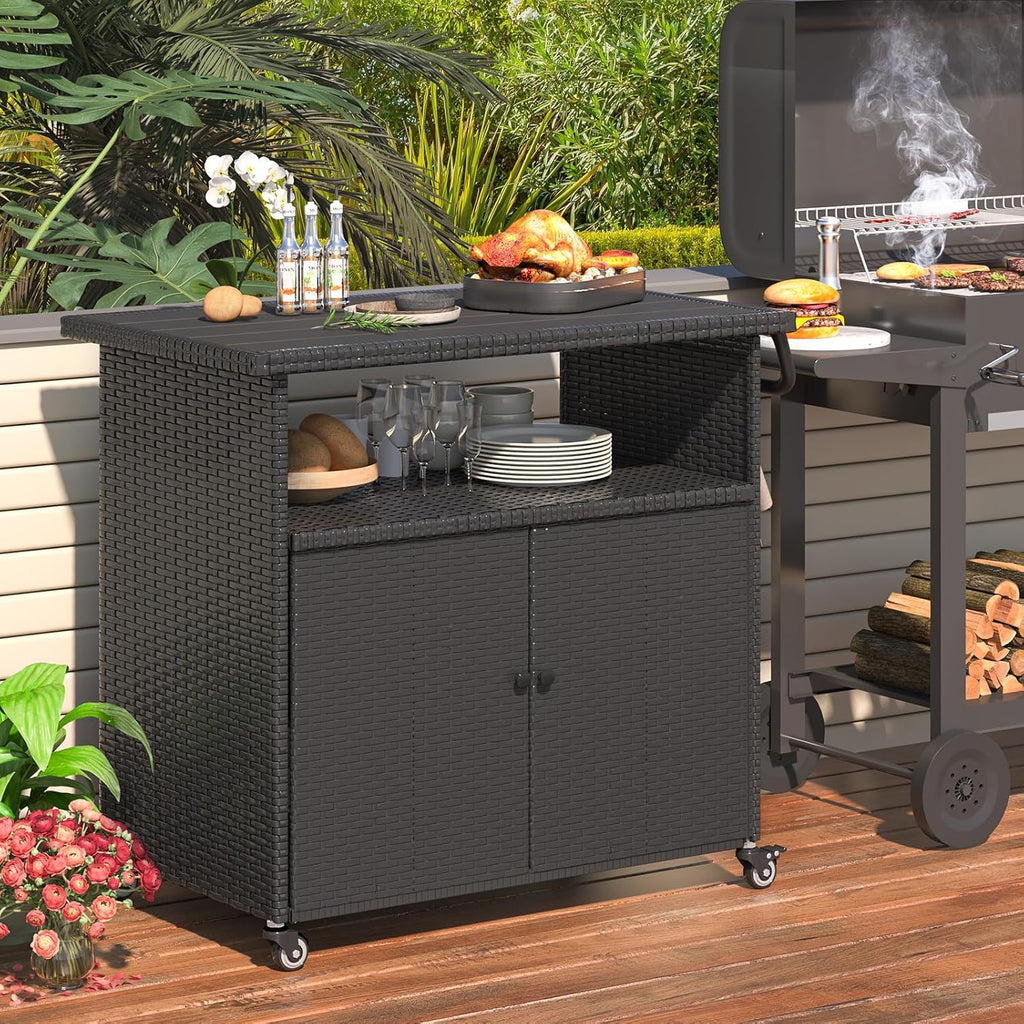 U-MAX Outdoor Grill Table with Storage Kitchen Island Prep Table with Wheels, Storage Cabinets Outdoor, BBQ Serving, Cart Cooking Grilling Station for Patio, Outside, Backyard, Bar