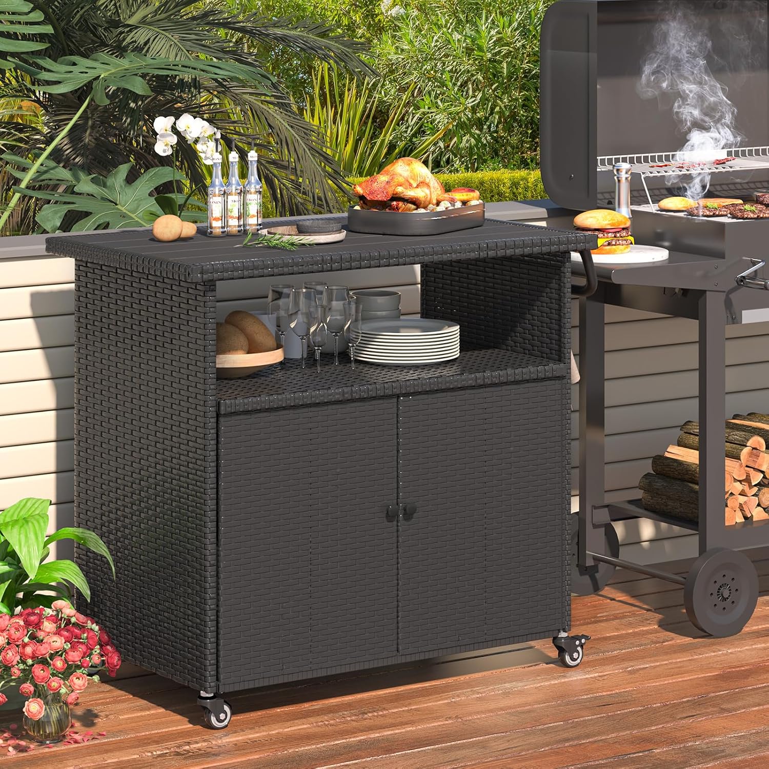 U-MAX Outdoor Grill Table with Storage Kitchen Island Prep Table with Wheels, Storage Cabinets Outdoor, BBQ Serving, Cart Cooking Grilling Station for Patio, Outside, Backyard, Bar