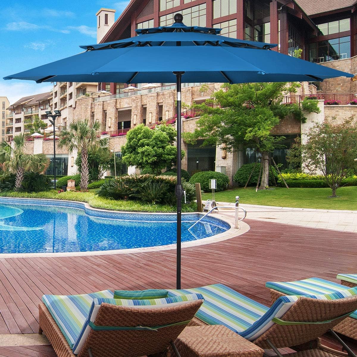 Tangkula 10 Ft 3 Tier Patio Umbrella, Outdoor Aluminum Double Vented Tilt Umbrella with Crank, for Market, Backyard, Poolside, Garden (Blue)