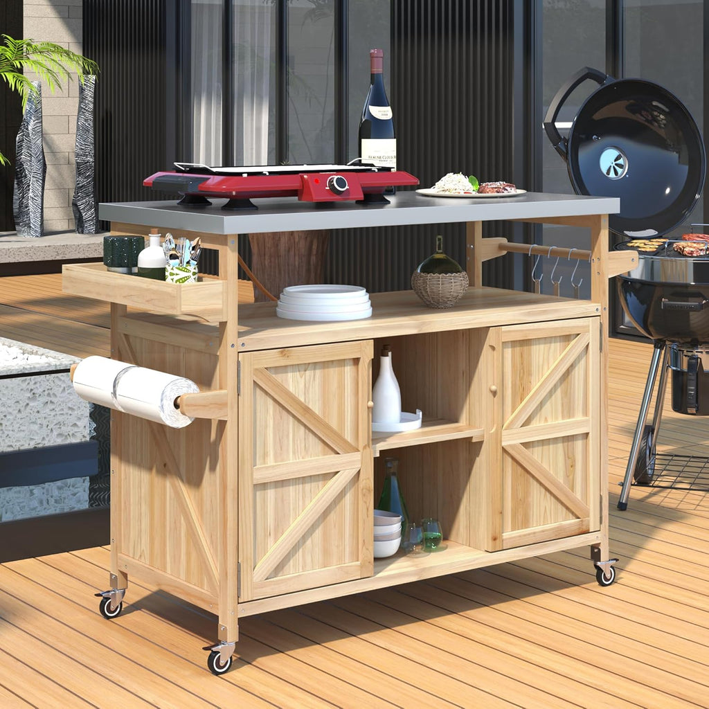 Farmhouse Outdoor Kitchen Island, Rolling Bar Cart & Storage Cabinet with Stainless Steel Top, Spice Rack, Towel Rack for Kitchen & Barbecue, Solid Wood Outdoor Grill Table (Natural)