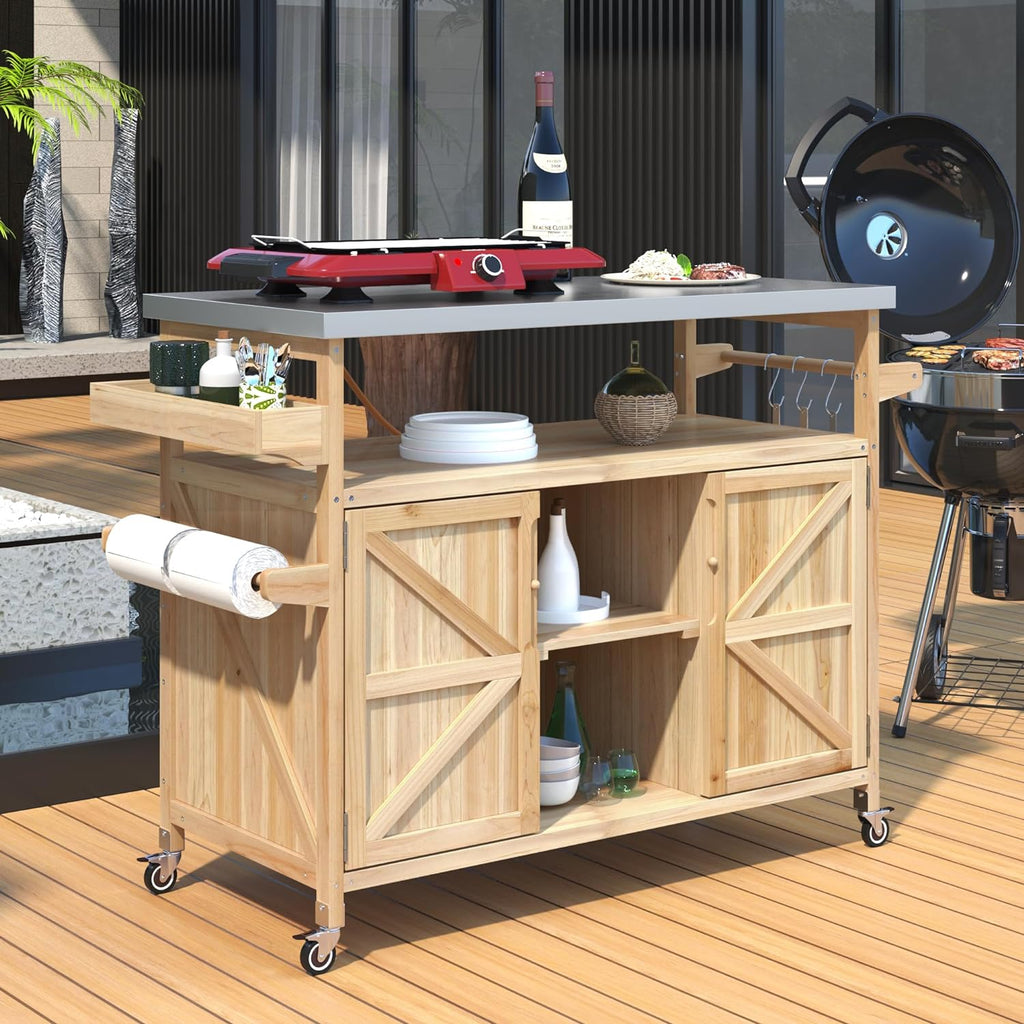 50.25" Kitchen Island Rolling Bar Cart & Storage Cabinet, Farmhouse Solid Wood Outdoor Grill Table with Stainless Steel Top and Spice, Towel Rack for BBQ,Natural