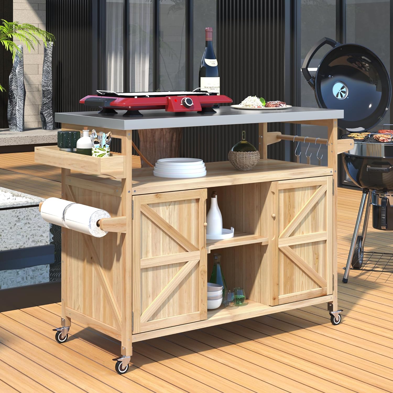 50.25" Kitchen Island Rolling Bar Cart & Storage Cabinet, Farmhouse Solid Wood Outdoor Grill Table with Stainless Steel Top and Spice, Towel Rack for BBQ,Natural