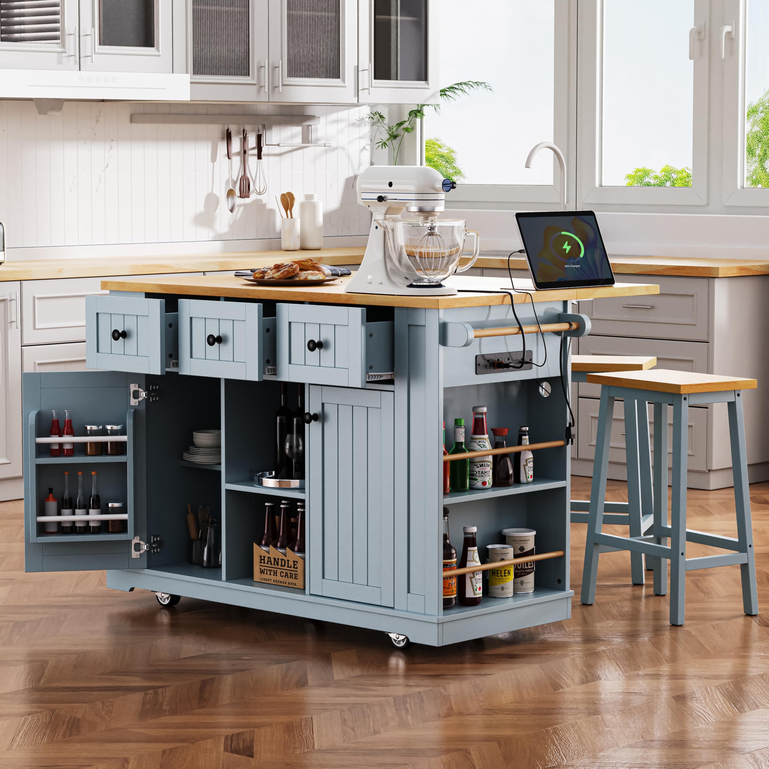 Farmhouse Outdoor Kitchen Island, Rolling Bar Cart & Storage Cabinet with Stainless Steel Top, Spice Rack, Towel Rack for Kitchen & Barbecue, Solid Wood Outdoor Grill Table (Natural)