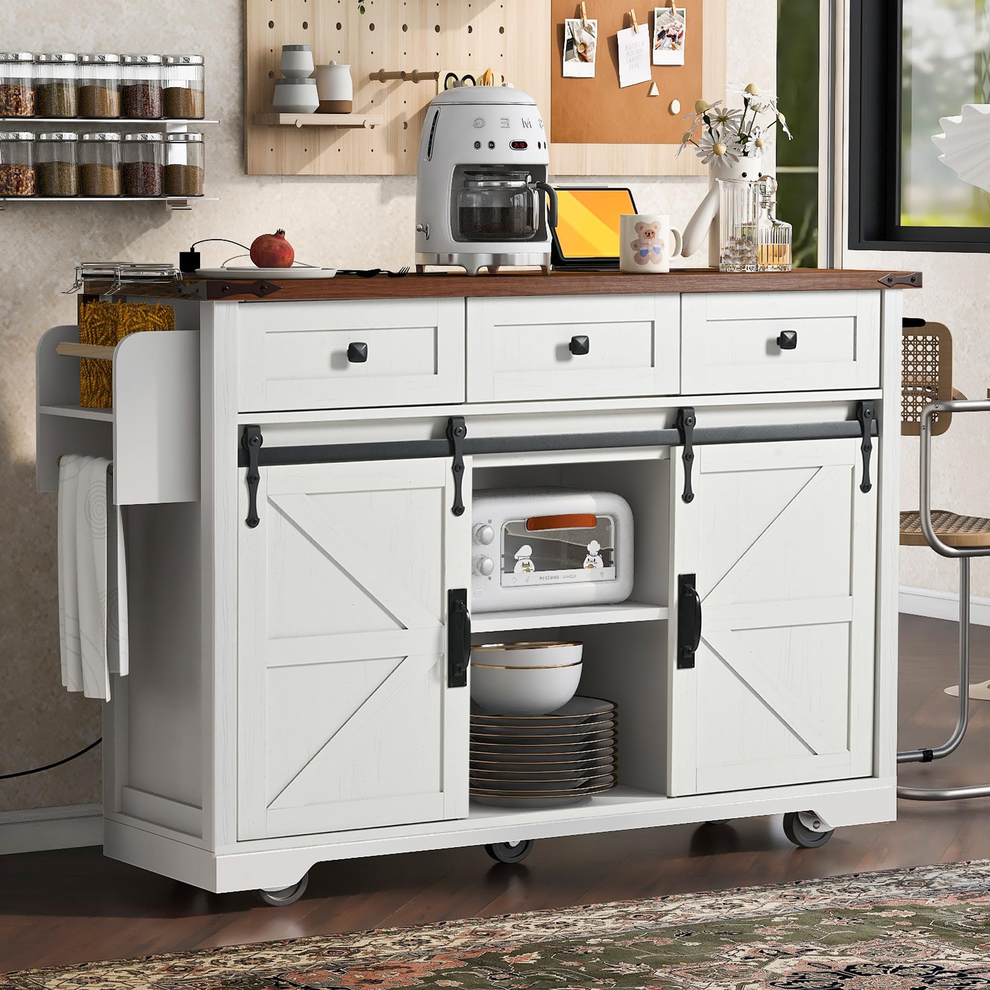 50.25" Kitchen Island Rolling Bar Cart & Storage Cabinet, Farmhouse Solid Wood Outdoor Grill Table with Stainless Steel Top and Spice, Towel Rack for BBQ,Natural