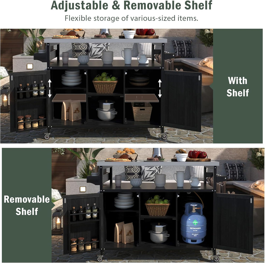 LUMISOL Outdoor Grill Table with Stainless Steel Top, Solid Wood Kitchen Island with Internal Storage Rack, Outdoor Storage Cabinet, Farmhouse Rolling Bar Cart with Spice & Towel Rack, Black