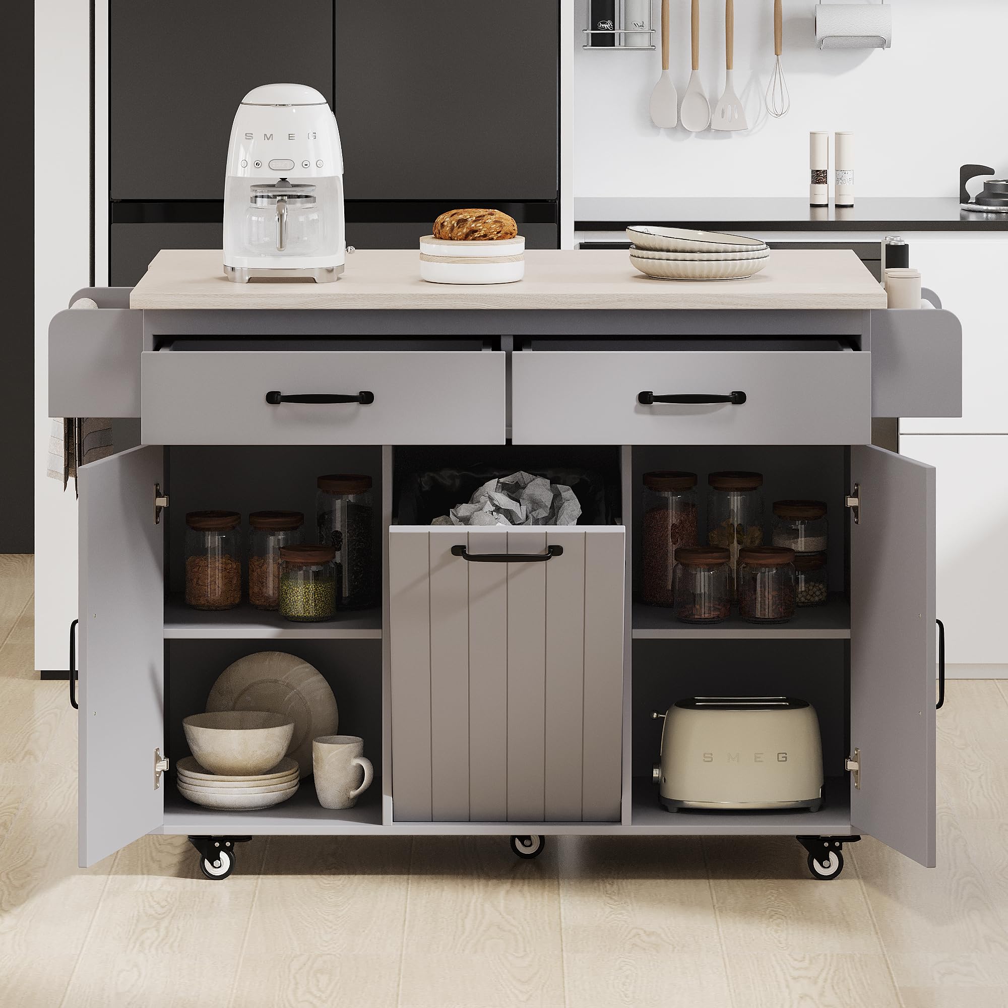 Farmhouse Outdoor Kitchen Island, Rolling Bar Cart & Storage Cabinet with Stainless Steel Top, Spice Rack, Towel Rack for Kitchen & Barbecue, Solid Wood Outdoor Grill Table (Natural)