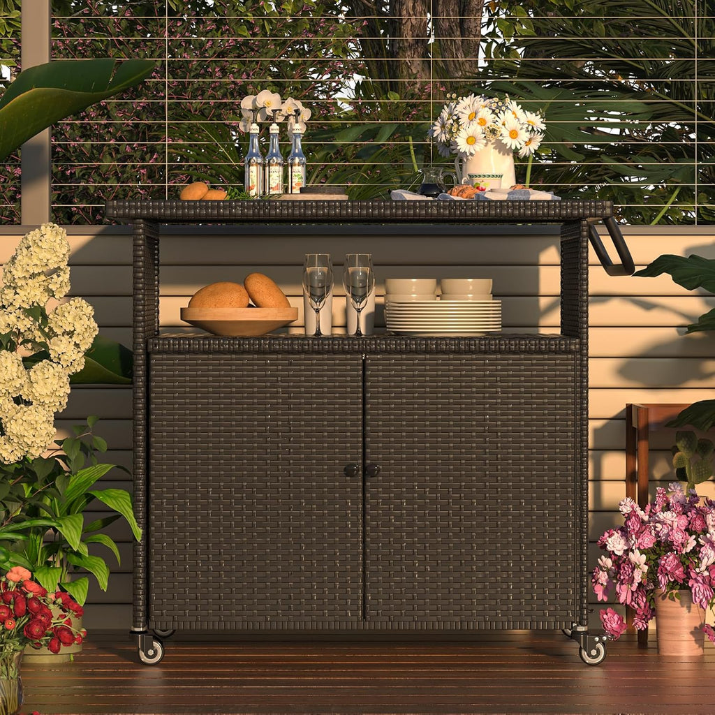 U-MAX Outdoor Grill Table with Storage Kitchen Island Prep Table with Wheels, Storage Cabinets Outdoor, BBQ Serving, Cart Cooking Grilling Station for Patio, Outside, Backyard, Bar