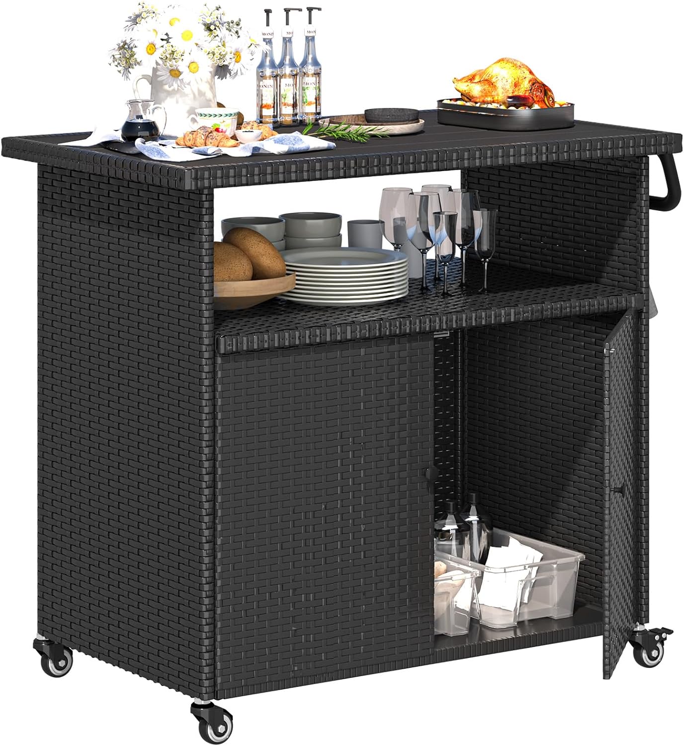 U-MAX Outdoor Grill Table with Storage Kitchen Island Prep Table with Wheels, Storage Cabinets Outdoor, BBQ Serving, Cart Cooking Grilling Station for Patio, Outside, Backyard, Bar