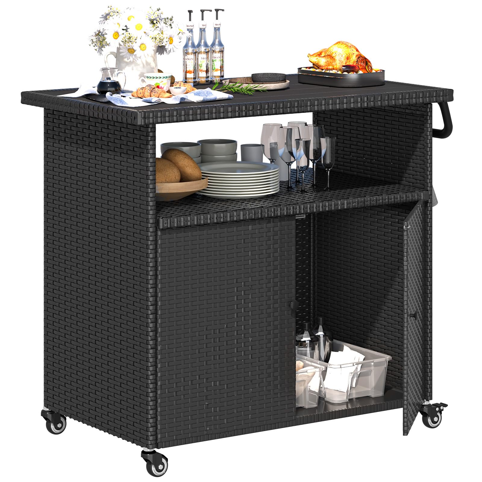 U-MAX Outdoor Grill Table with Storage Kitchen Island Prep Table with Wheels, Storage Cabinets Outdoor, BBQ Serving, Cart Cooking Grilling Station for Patio, Outside, Backyard, Bar