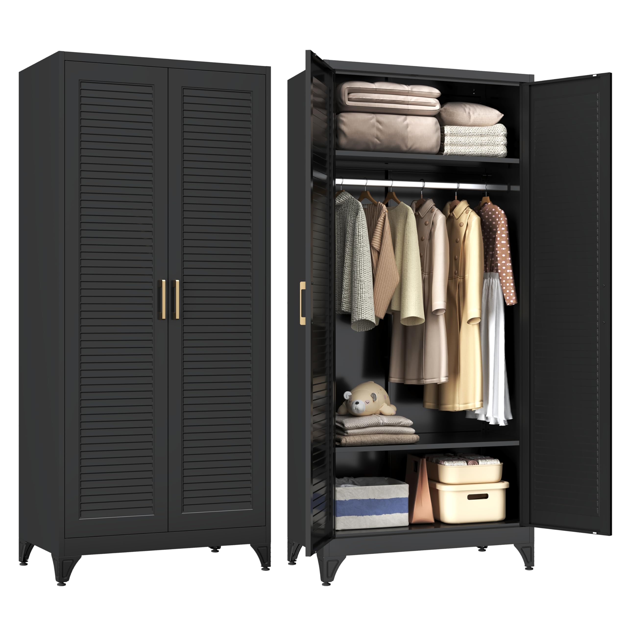 SteeLoong Kitchen Pantry Cabinet,75" Metal Storage Cabinet with Doors and 5 Adjustable Shelves,Black Tall Locker Organizer Steel Garage Cabinets for Tool,File Cabinet for Office,Kitchen,Garage,School