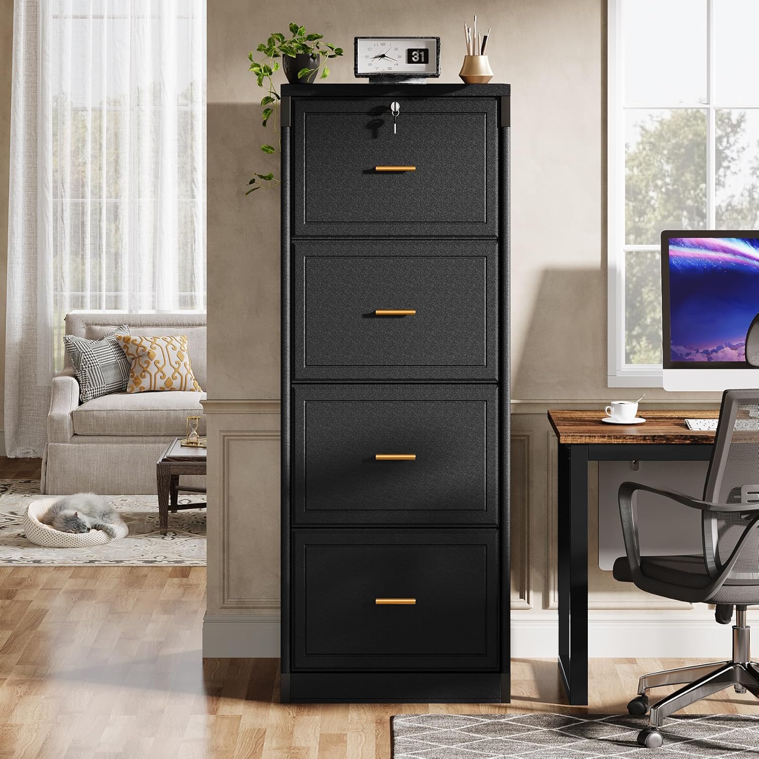 Tribesigns 4-Drawer File Cabinet with Lock, Locked File Cabinet with Key, Tall Wooden Filing Cabinets for Home Office, Vertical Office Storage for Legal Size/Letter/A4/Files, Black