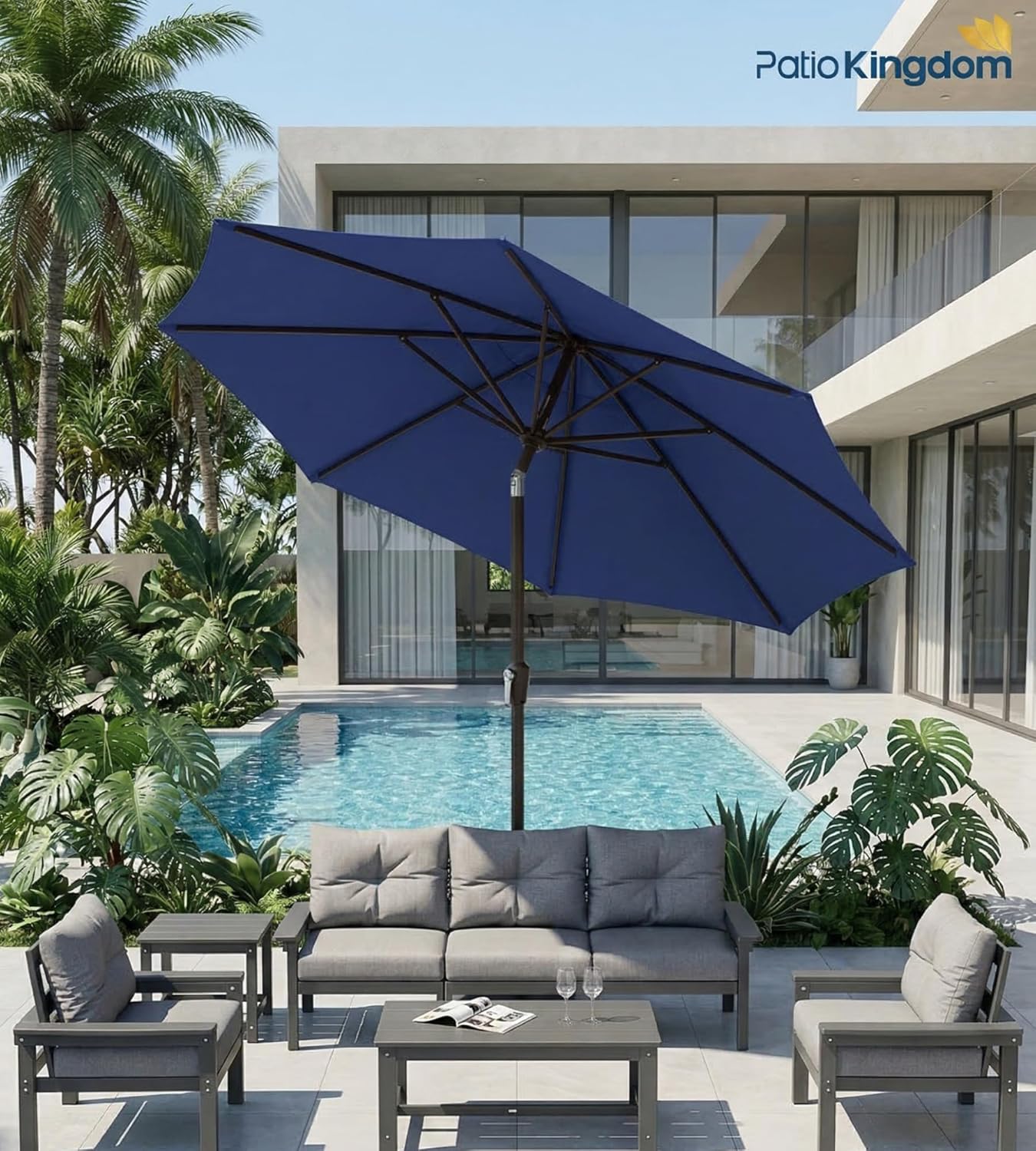 PatioKingdom 9FT Patio Outdoor Umbrella-UPF 50+ Sun Shade with Wind Vent, Push-Button Tilt & Smooth Crank Lift, Rust-Resistant Fiberglass Frame for Garden, Backyard,Yard (Navy)