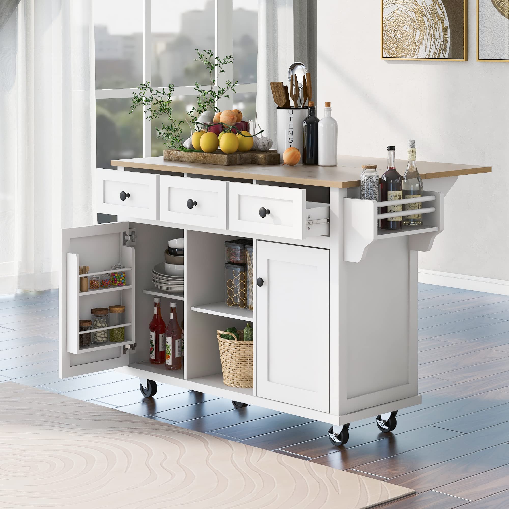 Farmhouse Outdoor Kitchen Island, Rolling Bar Cart & Storage Cabinet with Stainless Steel Top, Spice Rack, Towel Rack for Kitchen & Barbecue, Solid Wood Outdoor Grill Table (Natural)
