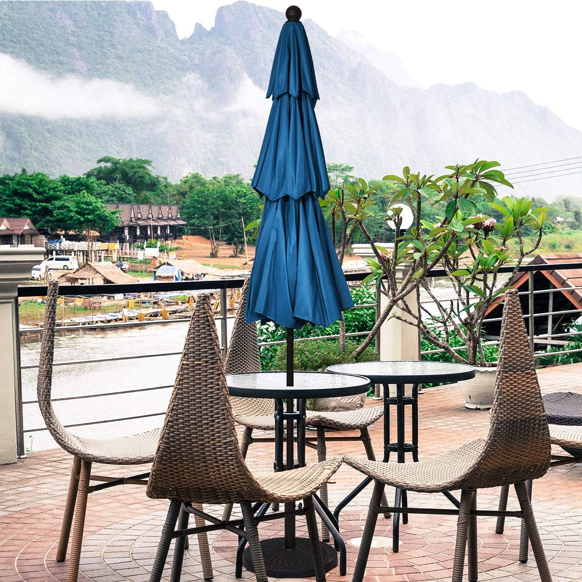 Tangkula 10 Ft 3 Tier Patio Umbrella, Outdoor Aluminum Double Vented Tilt Umbrella with Crank, for Market, Backyard, Poolside, Garden (Blue)