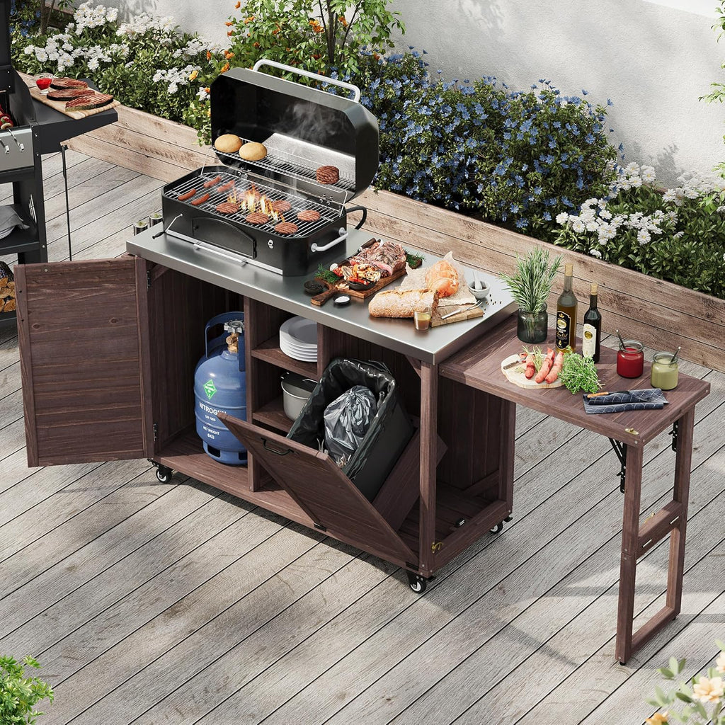 78.3" Outdoor Kitchen Island with Foldable Grill Table, Wooden Outdoor Grill Cart with Trash Can Storage & Stainless Steel Top, Outdoor Bar Cart, Pizza Oven Table for Lawn & Garden (Dark Brown1)