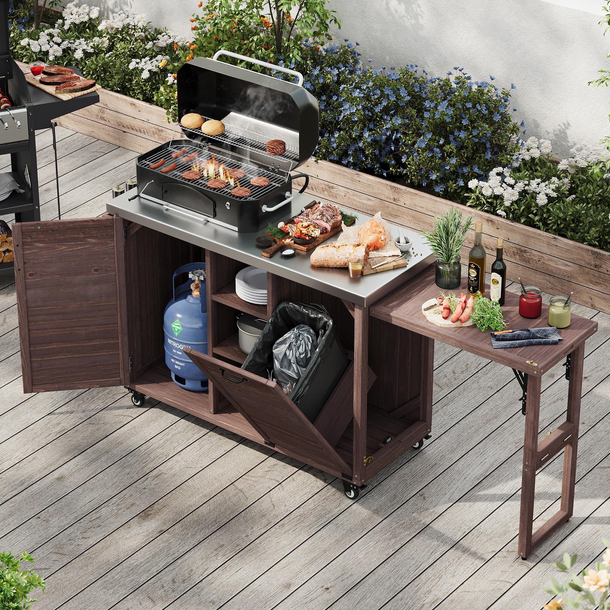 78.3" Outdoor Kitchen Island with Foldable Grill Table, Wooden Outdoor Grill Cart with Trash Can Storage & Stainless Steel Top, Outdoor Bar Cart, Pizza Oven Table for Lawn & Garden (Dark Brown1)