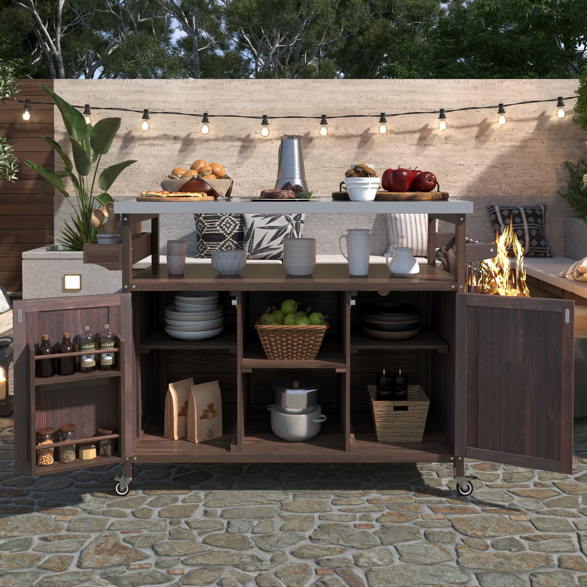 Farmhouse Outdoor Kitchen Island, Rolling Bar Cart & Storage Cabinet with Stainless Steel Top, Spice Rack, Towel Rack for Kitchen & Barbecue, Solid Wood Outdoor Grill Table (Natural)