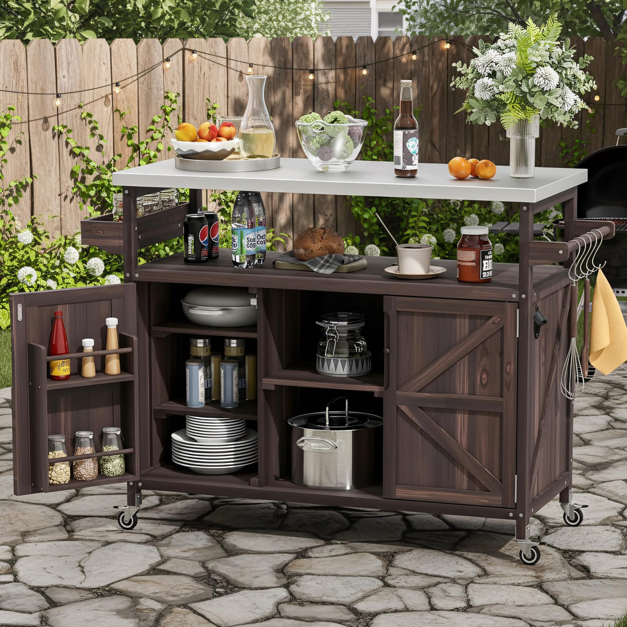 LUMISOL Outdoor Rolling Kitchen Island with Stainless Steel Top, Solid Wood Grill Table with Raised Shelf and Internal Storage Rack, 53.3" Storage Cabinet with Spice & Towel Rack, Brown