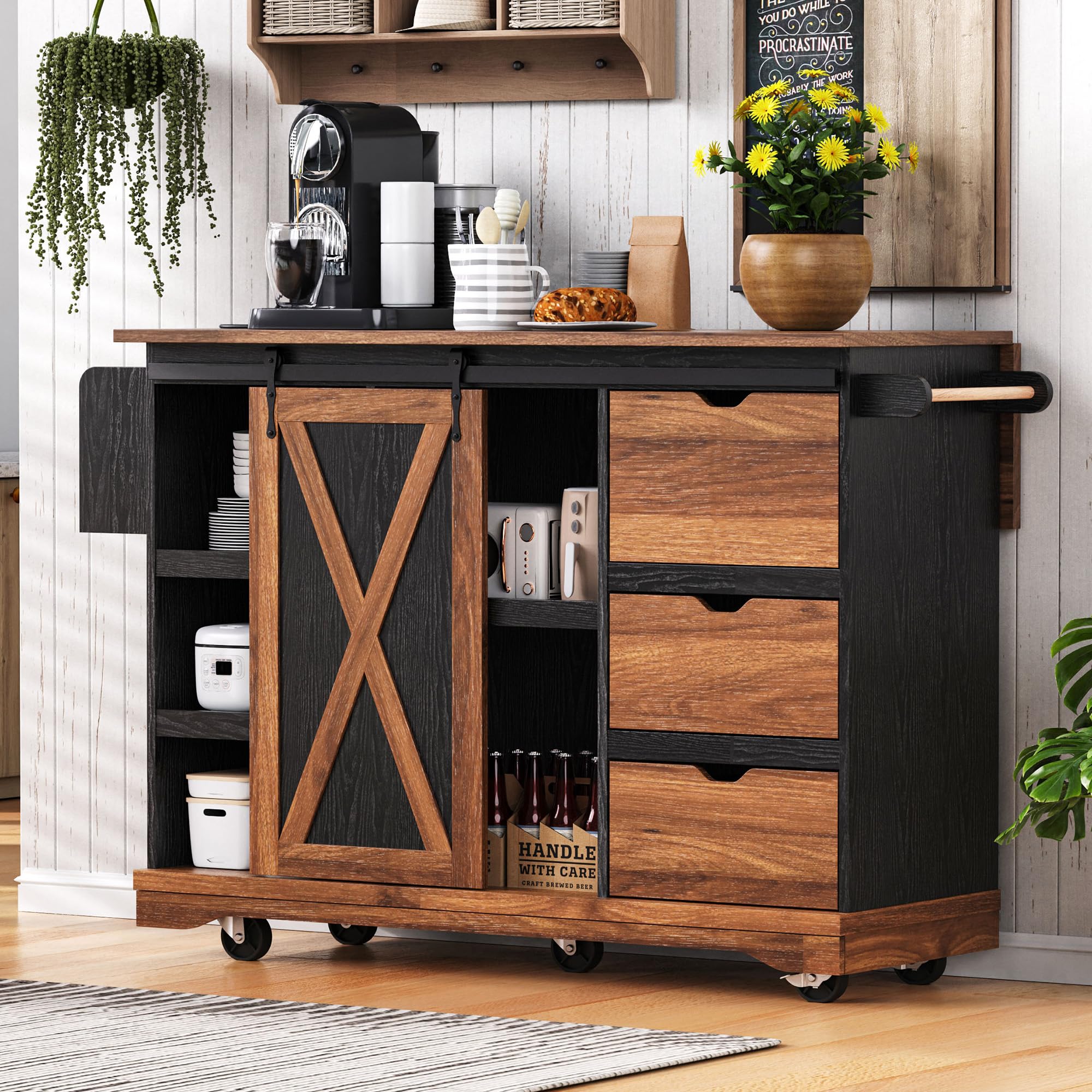 Farmhouse Outdoor Kitchen Island, Rolling Bar Cart & Storage Cabinet with Stainless Steel Top, Spice Rack, Towel Rack for Kitchen & Barbecue, Solid Wood Outdoor Grill Table (Natural)