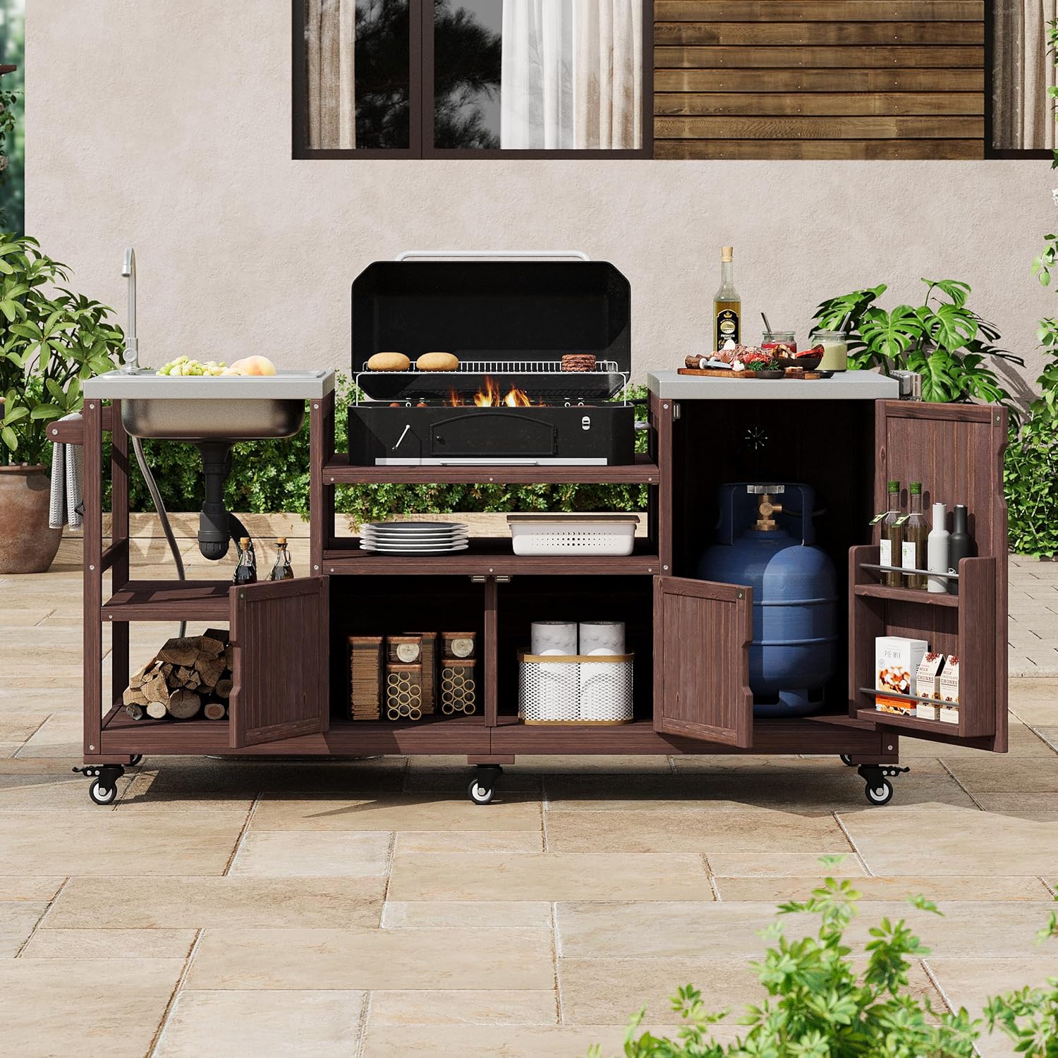 75.4" Outdoor Kitchen Island with Sink, Solid Wood Grill Cart, Rolling BBQ Prep Station with Stainless Steel Top, Towel Rack & Spice Rack, BBQ Cart (Grills NOT Included) (Brown, 75.4 inch)