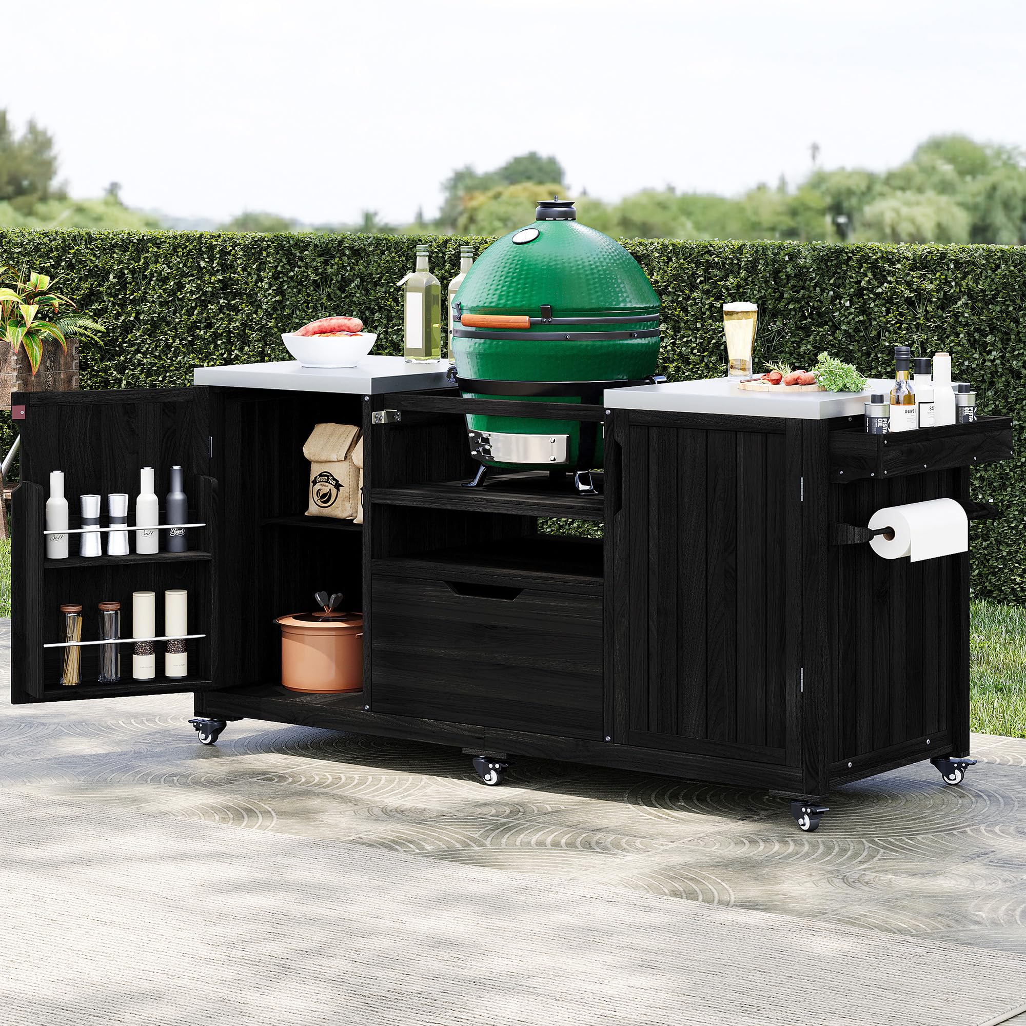 78.3" Outdoor Kitchen Island with Foldable Grill Table, Wooden Outdoor Grill Cart with Trash Can Storage & Stainless Steel Top, Outdoor Bar Cart, Pizza Oven Table for Lawn & Garden (Dark Brown1)