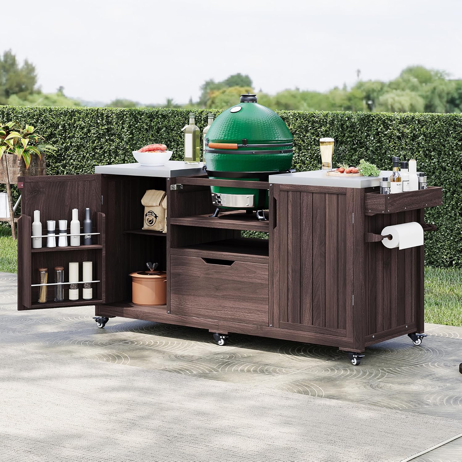Outdoor Kitchen Island Grill Station with Storage, Dark Brown