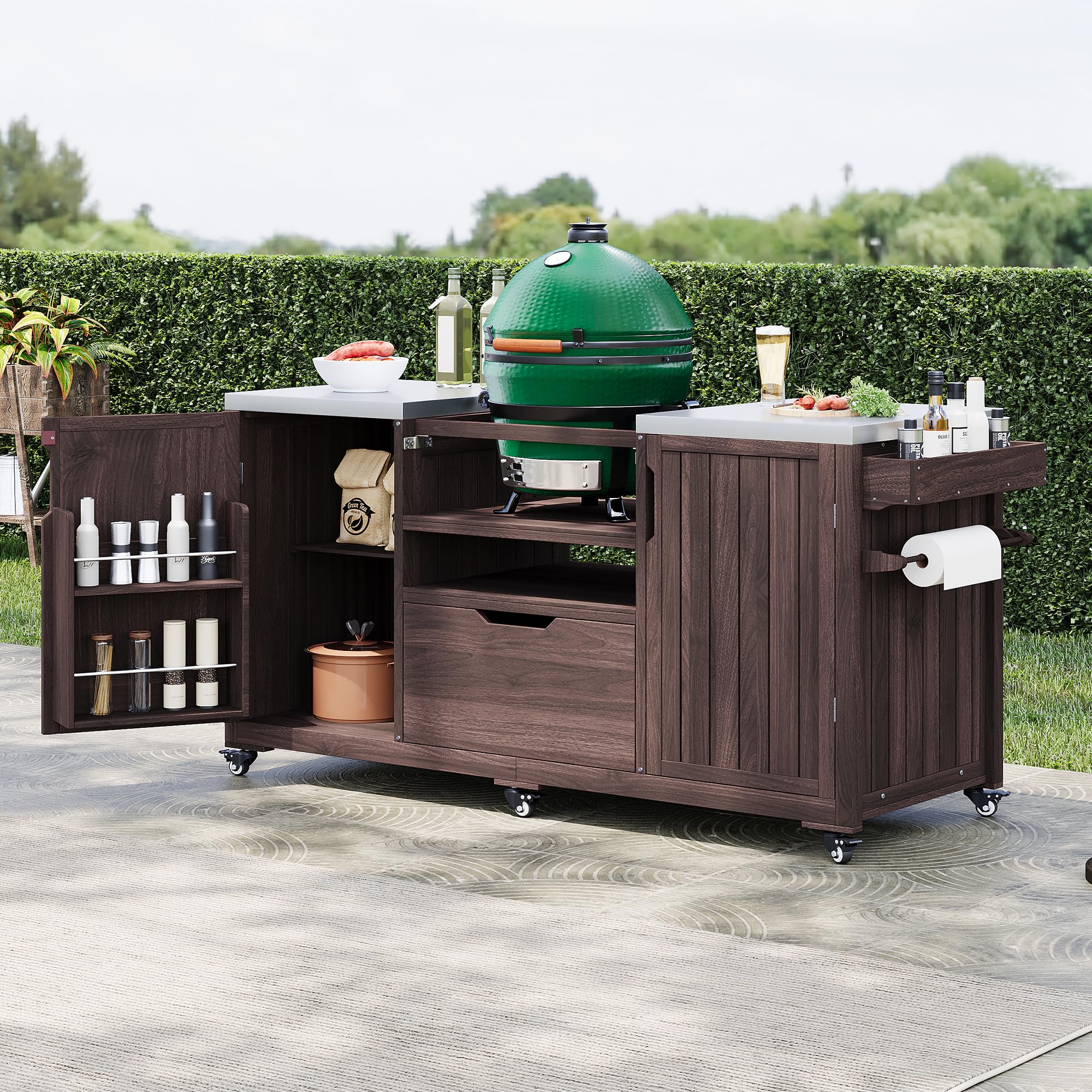 Outdoor Kitchen Island Grill Station with Storage, Dark Brown