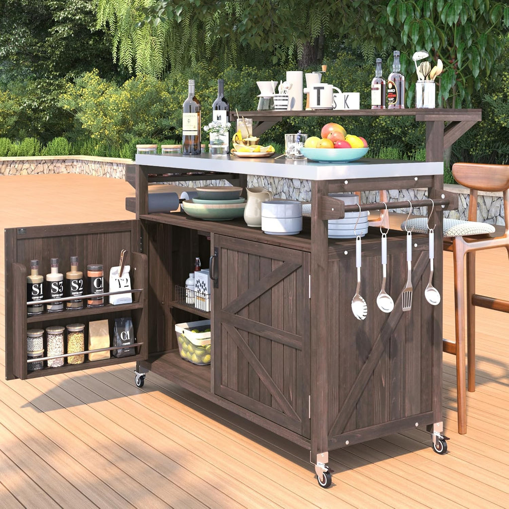 YOPTO 53.3" Outdoor Kitchen Island with Raised Shelf,Solid Wood Grill Cart,Stainless Steel Top,Adjustable Shelf,Spice Rack,Lockable Wheels,Brown