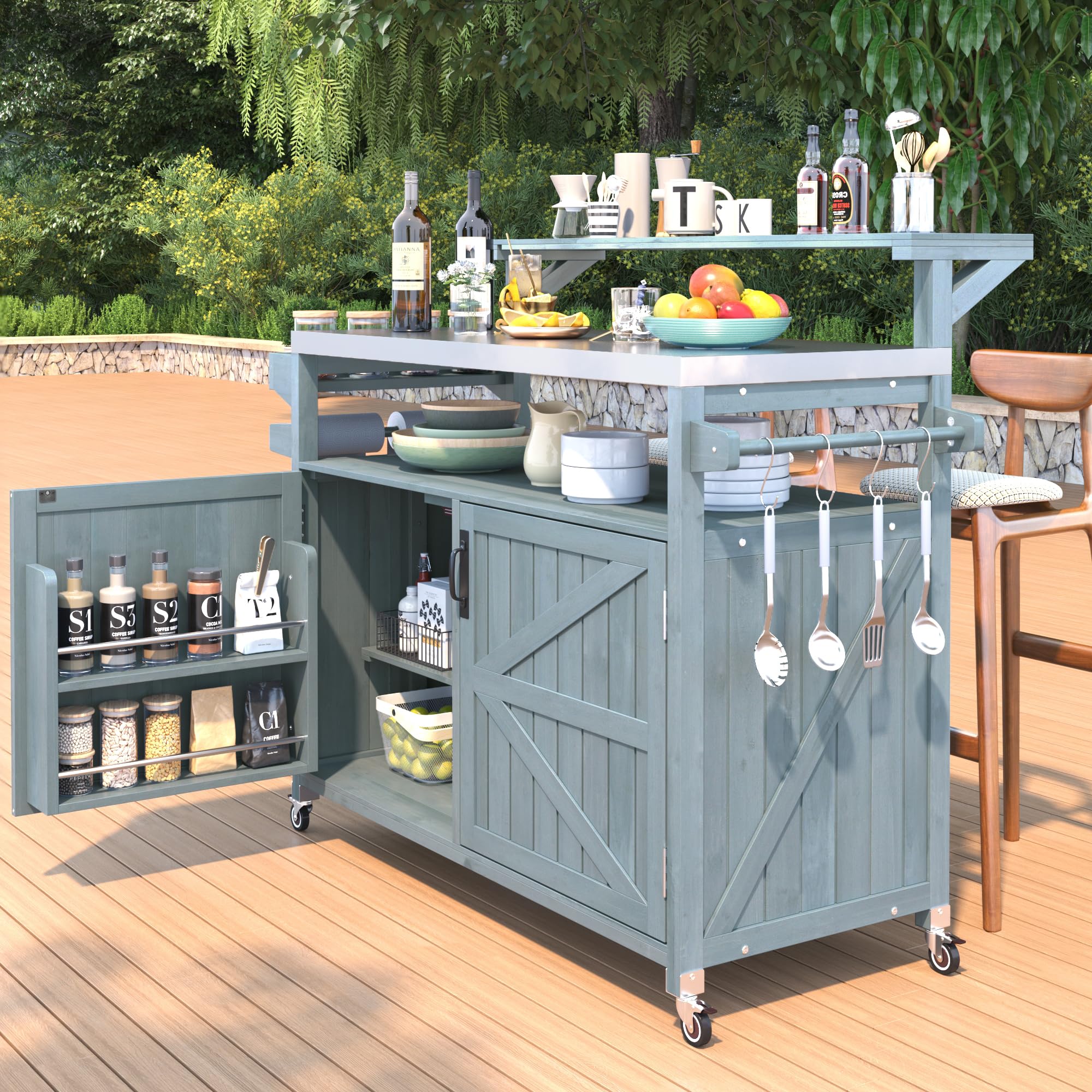 LUMISOL Outdoor Rolling Kitchen Island with Stainless Steel Top, Solid Wood Grill Table with Raised Shelf and Internal Storage Rack, 53.3" Storage Cabinet with Spice & Towel Rack, Brown