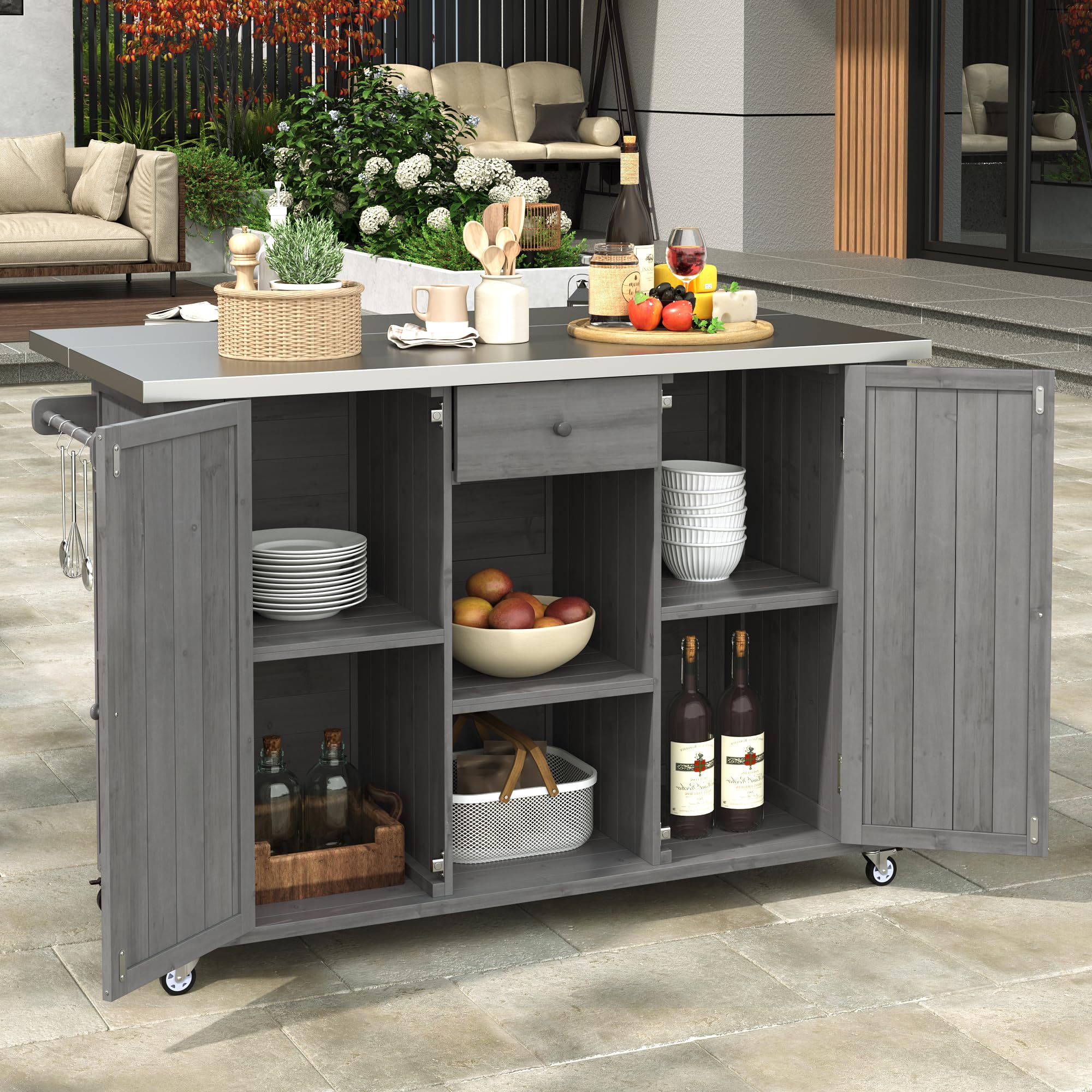 YOPTO 53.3" Outdoor Kitchen Island with Raised Shelf,Solid Wood Grill Cart,Stainless Steel Top,Adjustable Shelf,Spice Rack,Lockable Wheels,Brown