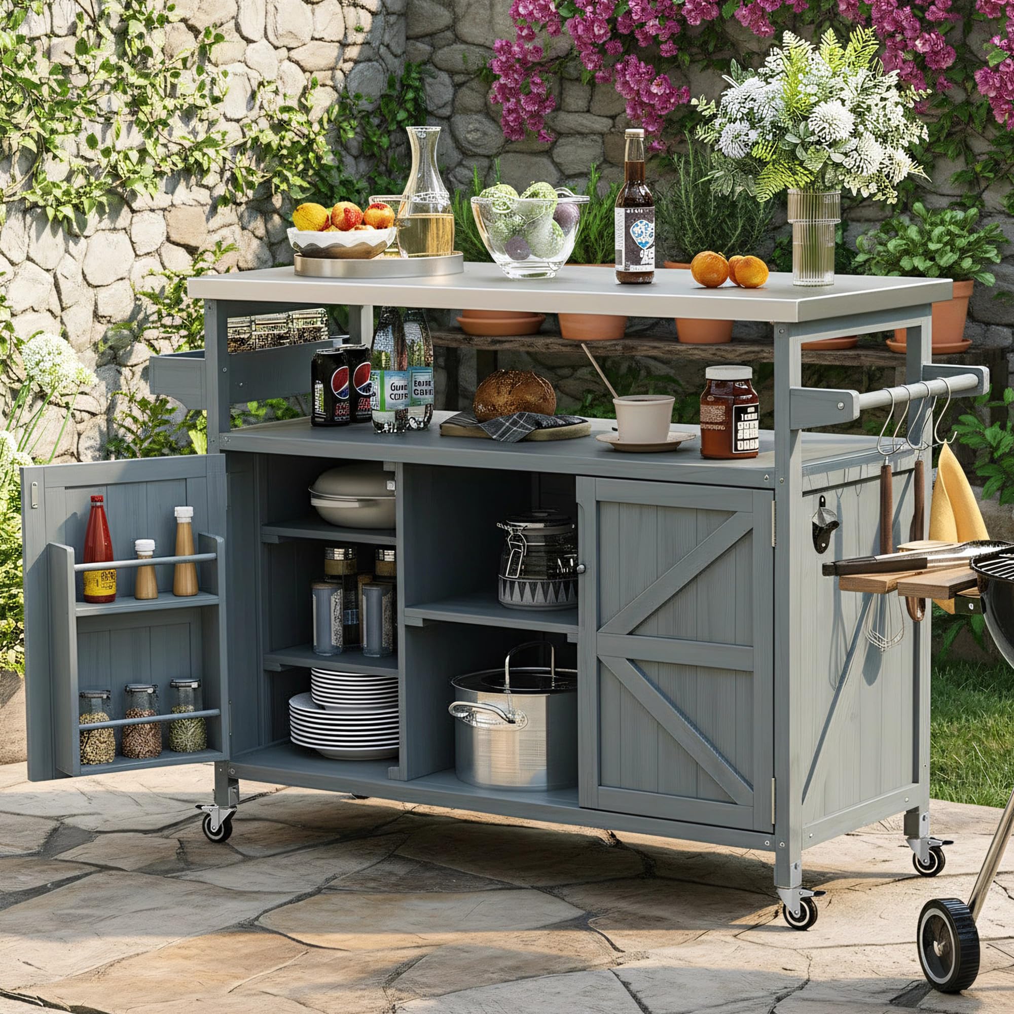 LUMISOL Outdoor Rolling Kitchen Island with Stainless Steel Top, Solid Wood Grill Table with Raised Shelf and Internal Storage Rack, 53.3" Storage Cabinet with Spice & Towel Rack, Brown
