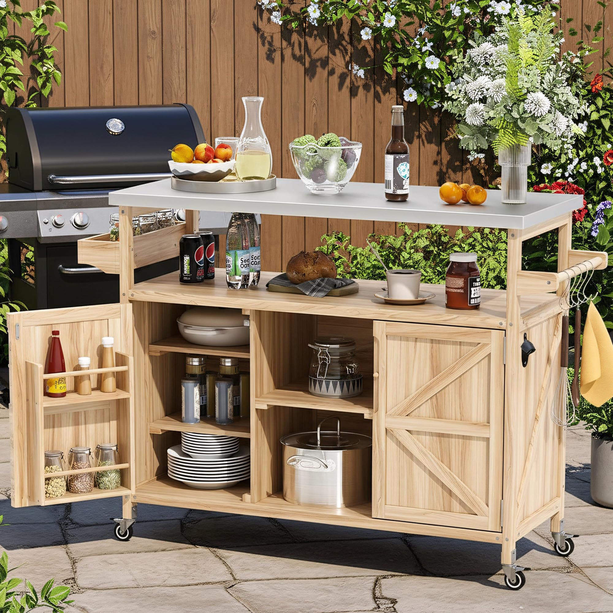 LUMISOL Outdoor Rolling Kitchen Island with Stainless Steel Top, Solid Wood Grill Table with Raised Shelf and Internal Storage Rack, 53.3" Storage Cabinet with Spice & Towel Rack, Brown