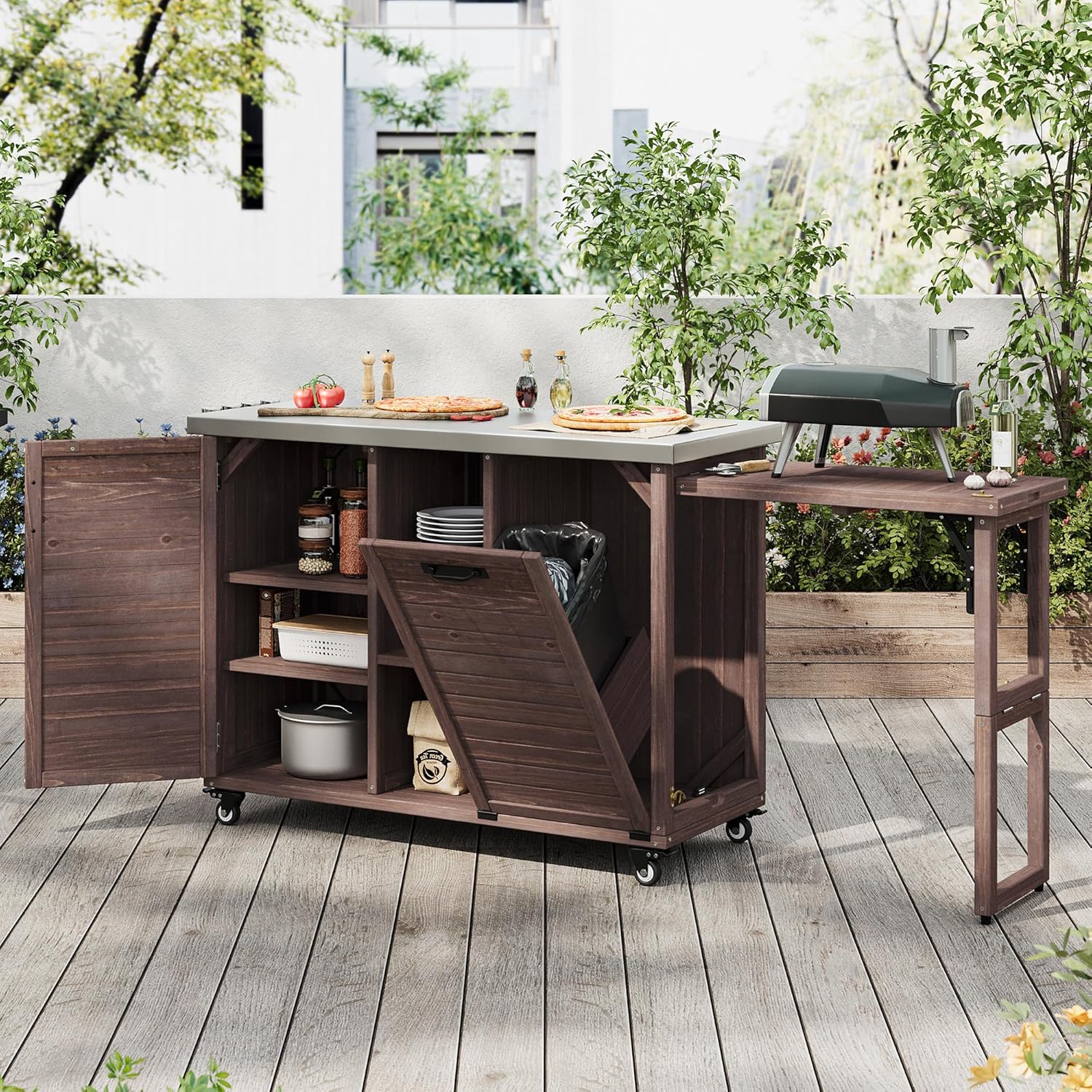 78.3" Outdoor Kitchen Island with Foldable Grill Table, Wooden Outdoor Grill Cart with Trash Can Storage & Stainless Steel Top, Outdoor Bar Cart, Pizza Oven Table for Lawn & Garden (Dark Brown1)