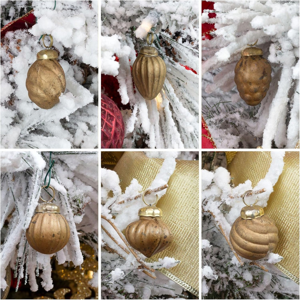 AuldHome Design Mercury Glass Finial Ornaments (Set of 12, Gold, Small) Distressed Metal Antique Style Christmas Tree Decorations - 1.3 to 2-Inch Size