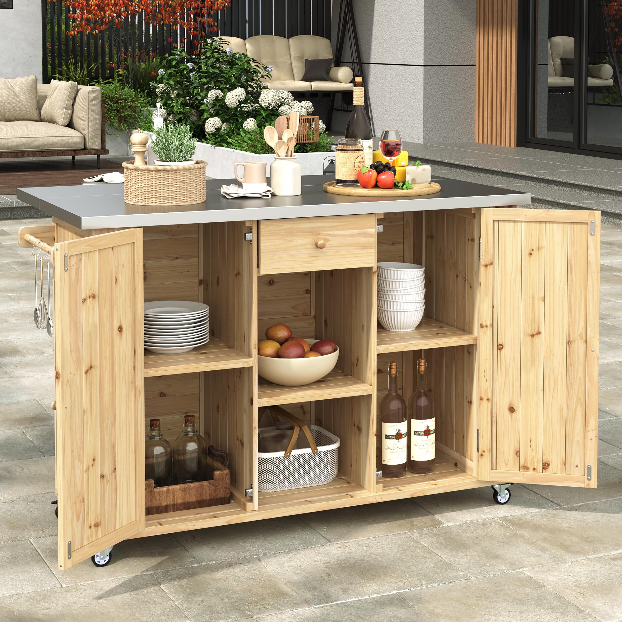 YOPTO 53.3" Outdoor Kitchen Island with Raised Shelf,Solid Wood Grill Cart,Stainless Steel Top,Adjustable Shelf,Spice Rack,Lockable Wheels,Brown