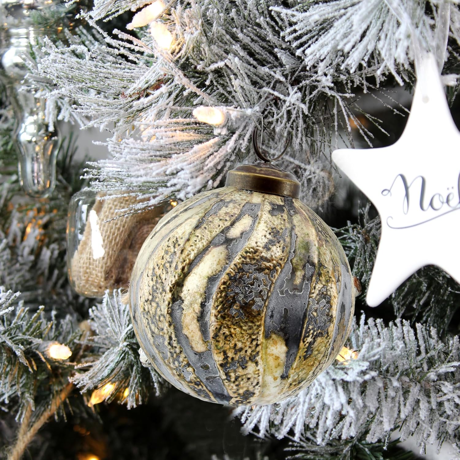 AuldHome Design Farmhouse Ball Ornaments (Set of 6, Antique Gold); Distressed Metal Glass Ball Vintage Style Christmas Decorations
