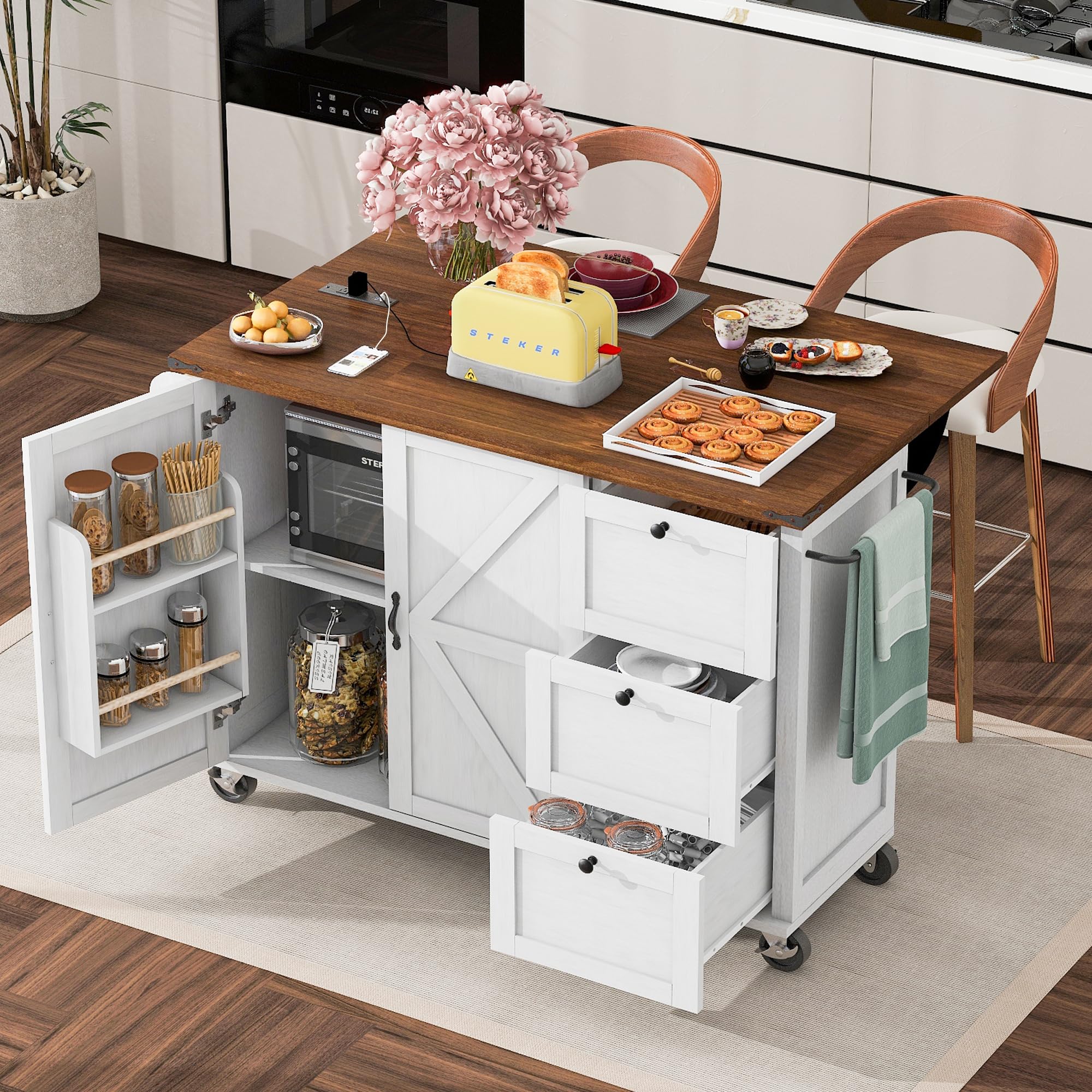 Farmhouse Outdoor Kitchen Island, Rolling Bar Cart & Storage Cabinet with Stainless Steel Top, Spice Rack, Towel Rack for Kitchen & Barbecue, Solid Wood Outdoor Grill Table (Natural)