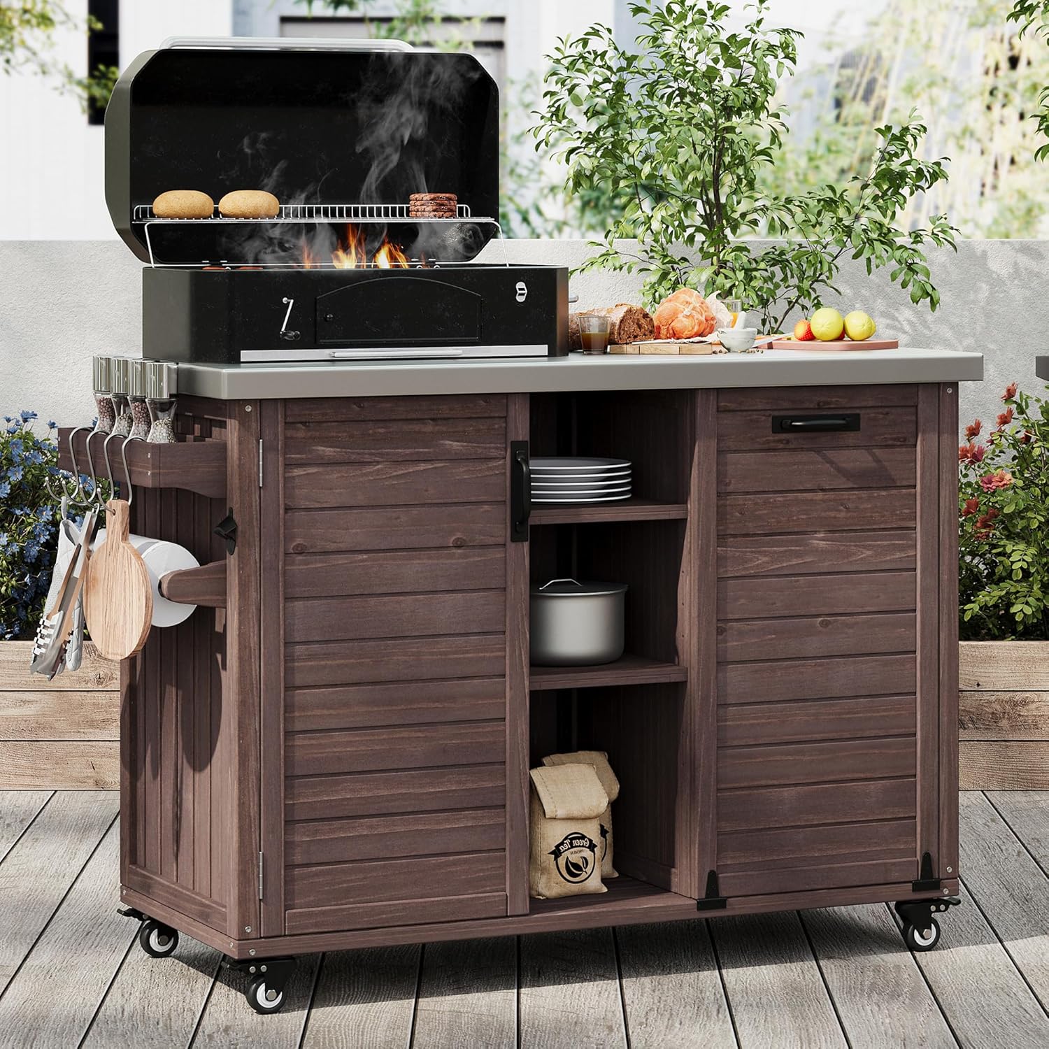 78.3" Outdoor Kitchen Island with Foldable Grill Table, Wooden Outdoor Grill Cart with Trash Can Storage & Stainless Steel Top, Outdoor Bar Cart, Pizza Oven Table for Lawn & Garden (Dark Brown1)