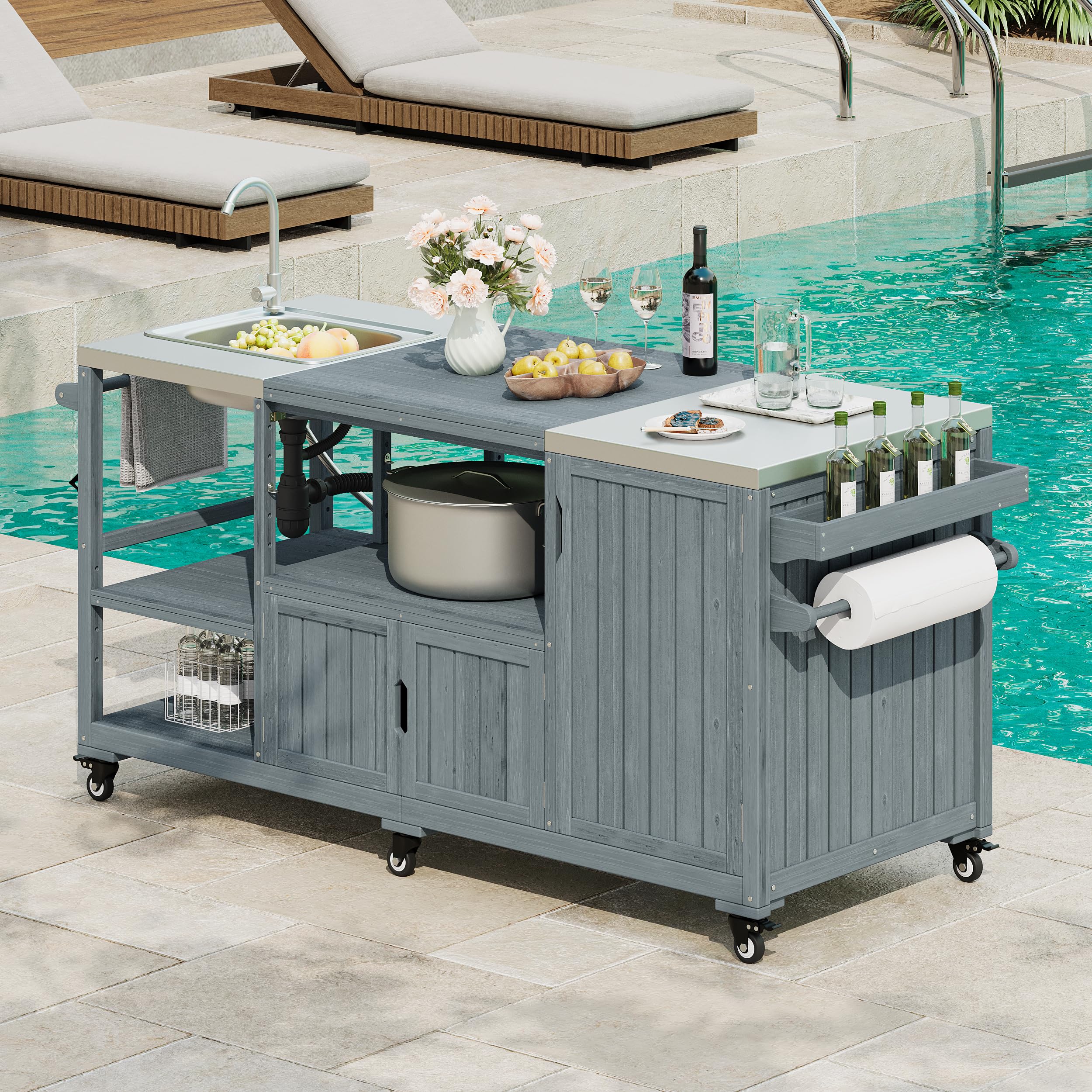 Outdoor Grill Table with Stainless Steel Top, Solid Wood Outdoor Kitchen Island with Drawer for Big Green Egg, Rolling Kitchen Cart for Blackstone Griddle (Dark Brown)